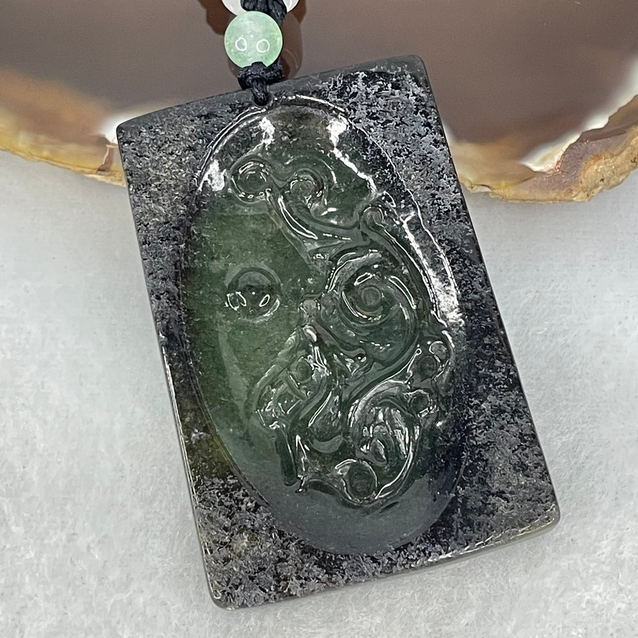 Type A Dark Blueish Green Jadeite Phoenix Pendant 27.18g 51.7 by 35.3 by 5.8mm