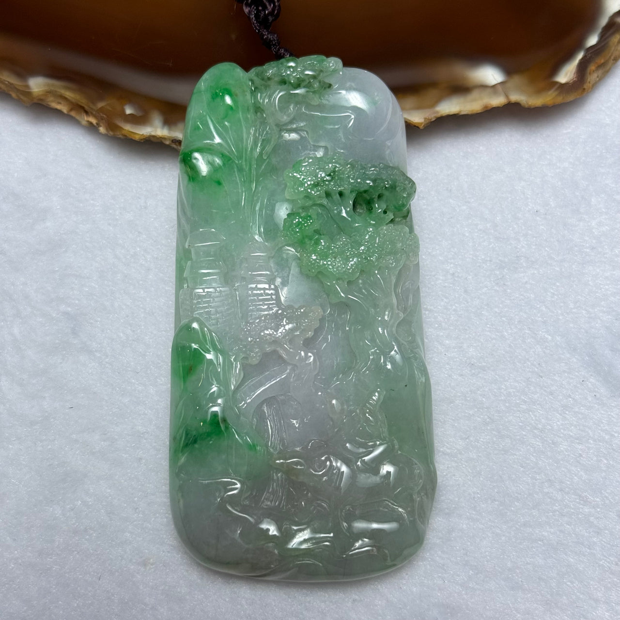 Type A Lavender and Spicy Green Piao Hua Jadeite Shan Shui and Benefactor 87.19g 79.4 by 40.7 by 11.7mm - Huangs Jadeite and Jewelry Pte Ltd