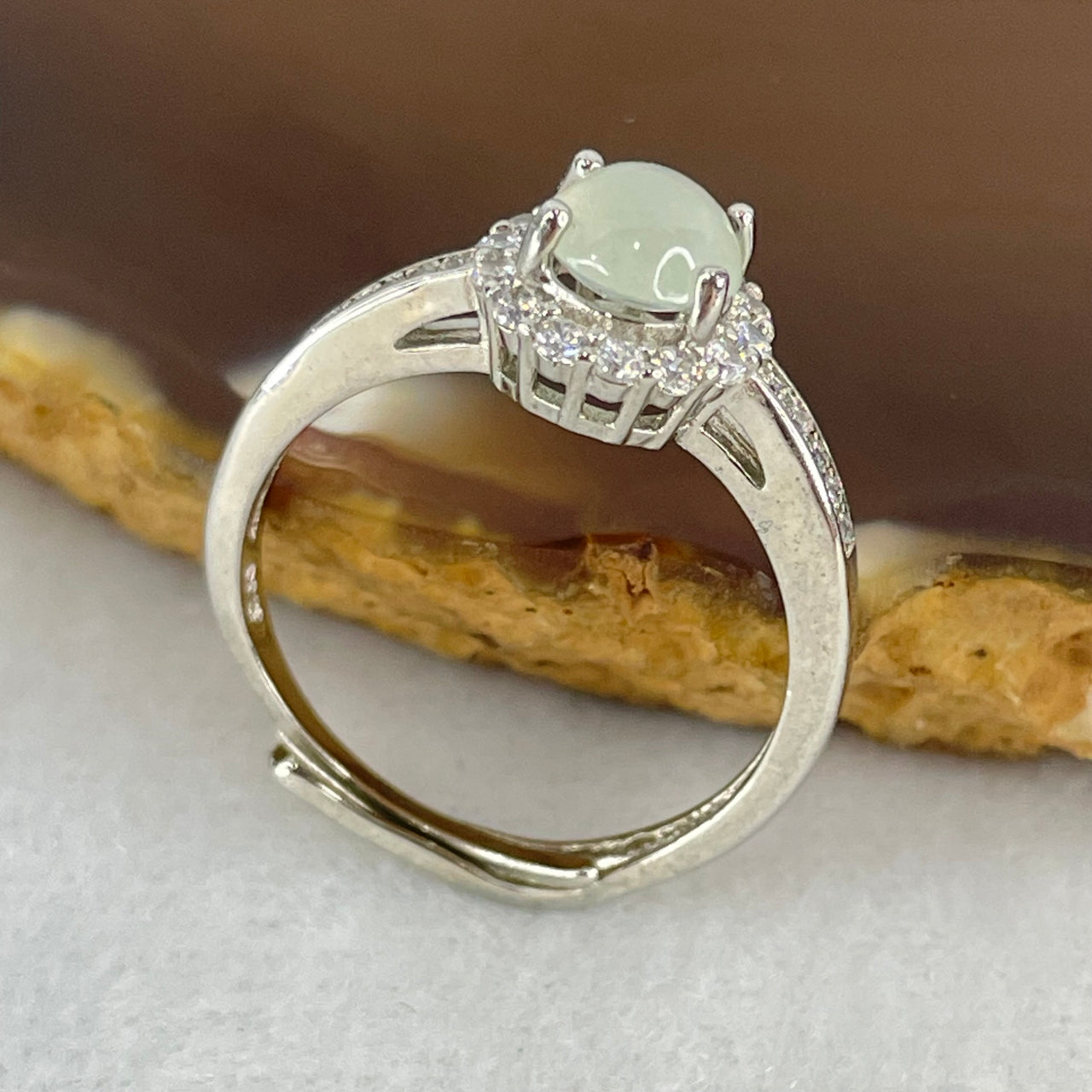 Type A Icy Light Green Cabochon Jadeite in S925 Sliver Ring  (Adjustable Size) 1.89g 6.2 by 3.0mm