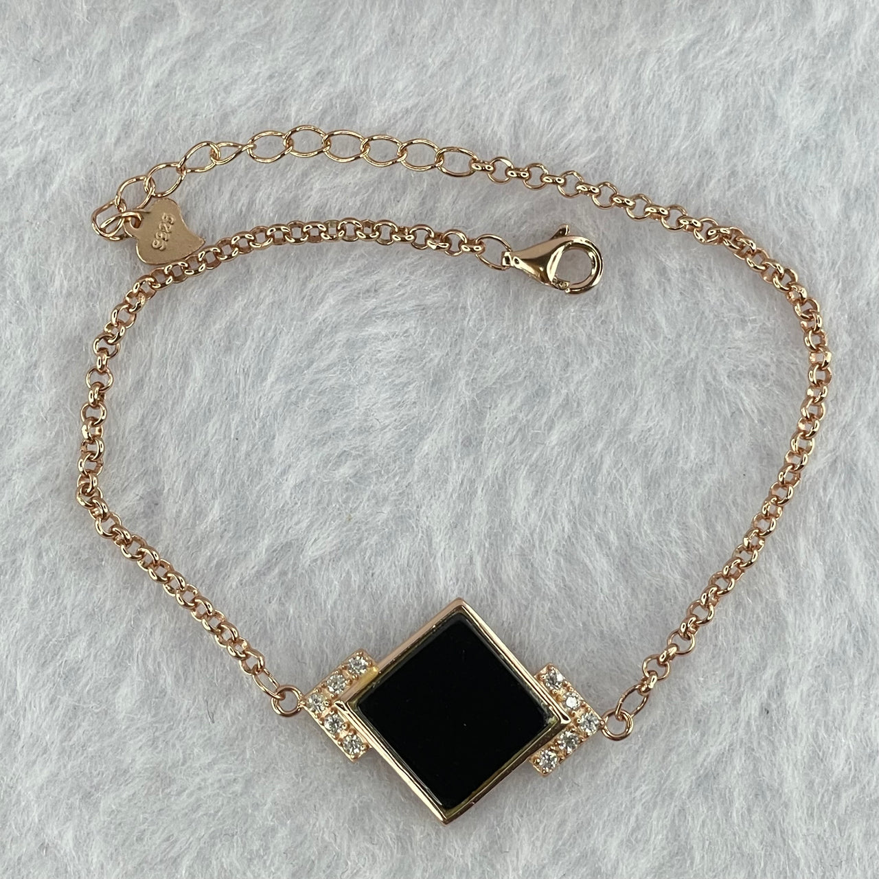 Type A Translucent Black Omphasite Jadeite Square Wu Shi Pai with Crystals in S925 Sliver Rose Gold Color Bracelet 3.44g 15.2 by 1.2mm