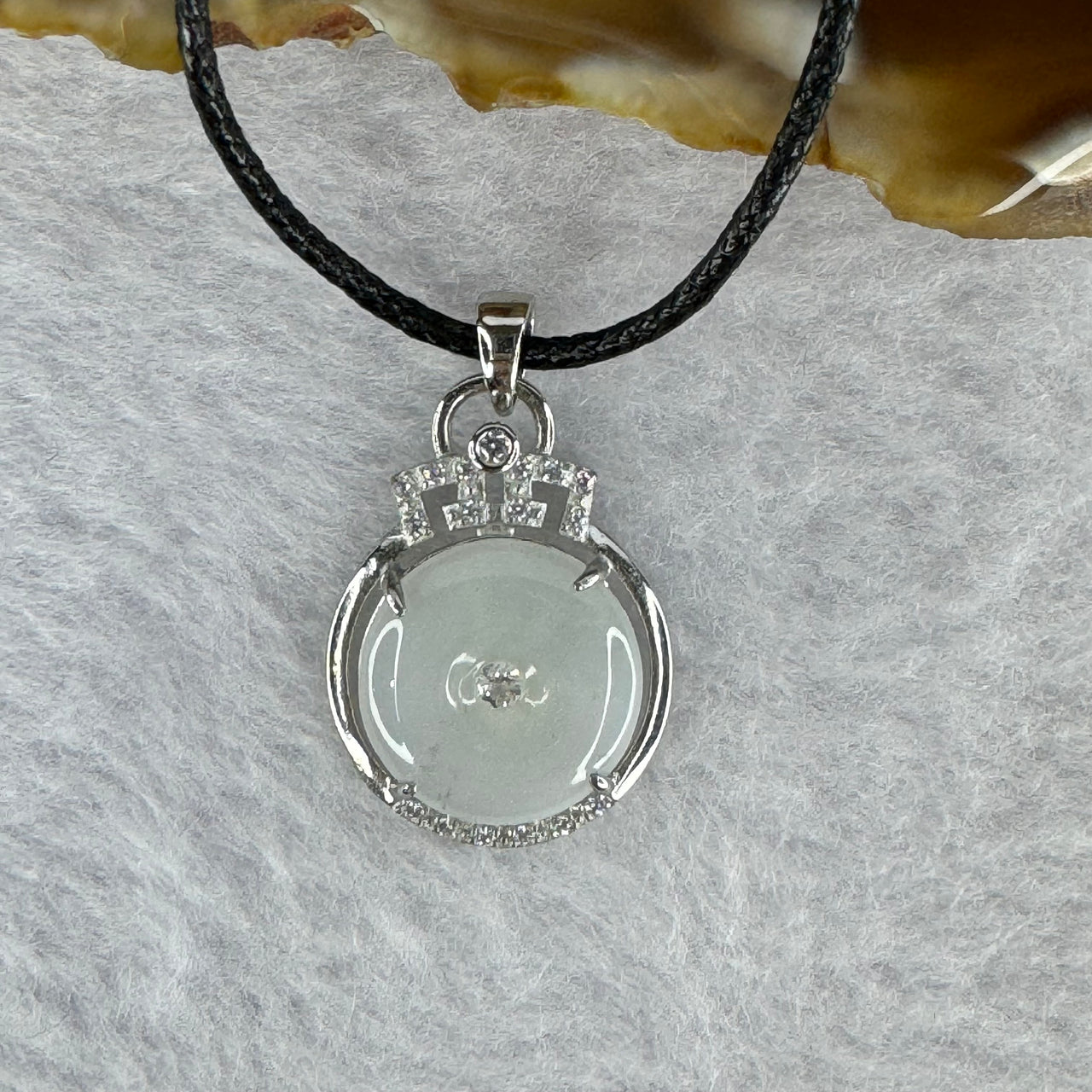 Type A Semi Icy White Jadeite Ping An Kou Donut in 925 Silver Pendant with String Necklace 3.25g 12.8 by 5.3mm - Huangs Jadeite and Jewelry Pte Ltd