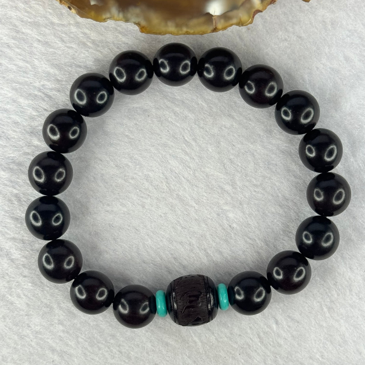 Natural India Zitan 天然小叶字檀木 Om Ma ni Padme Hum 六字真言 Beads Bracelet with Turquoise (Sinking Type) 11.53g 15.5cm 10.2mm 17 Beads, 11.8mm 1 Bead - Huangs Jadeite and Jewelry Pte Ltd