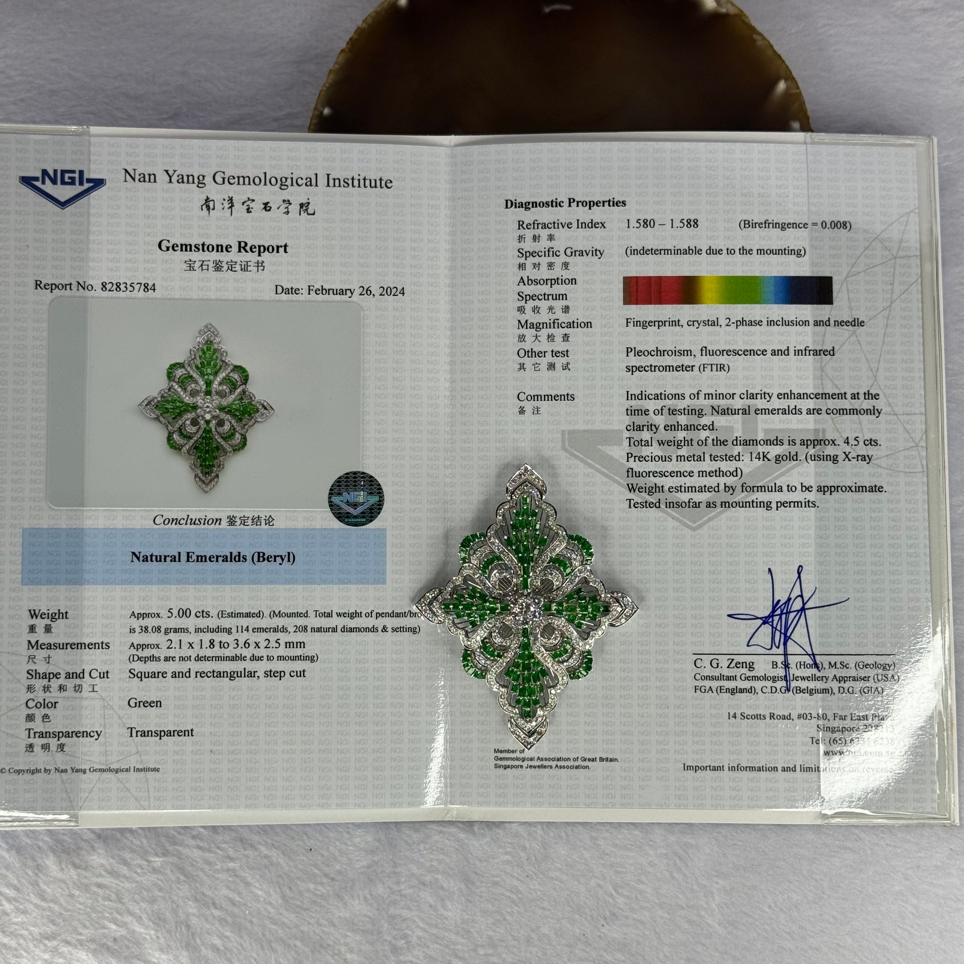 Natural Emeralds (Beryl) Approx. 5.00 cts. Total Weight 38.08g including 114 Emeralds, 208 Natural Diamonds in 14K White Gold with NGI Cert No. 82835784 - Huangs Jadeite and Jewelry Pte Ltd