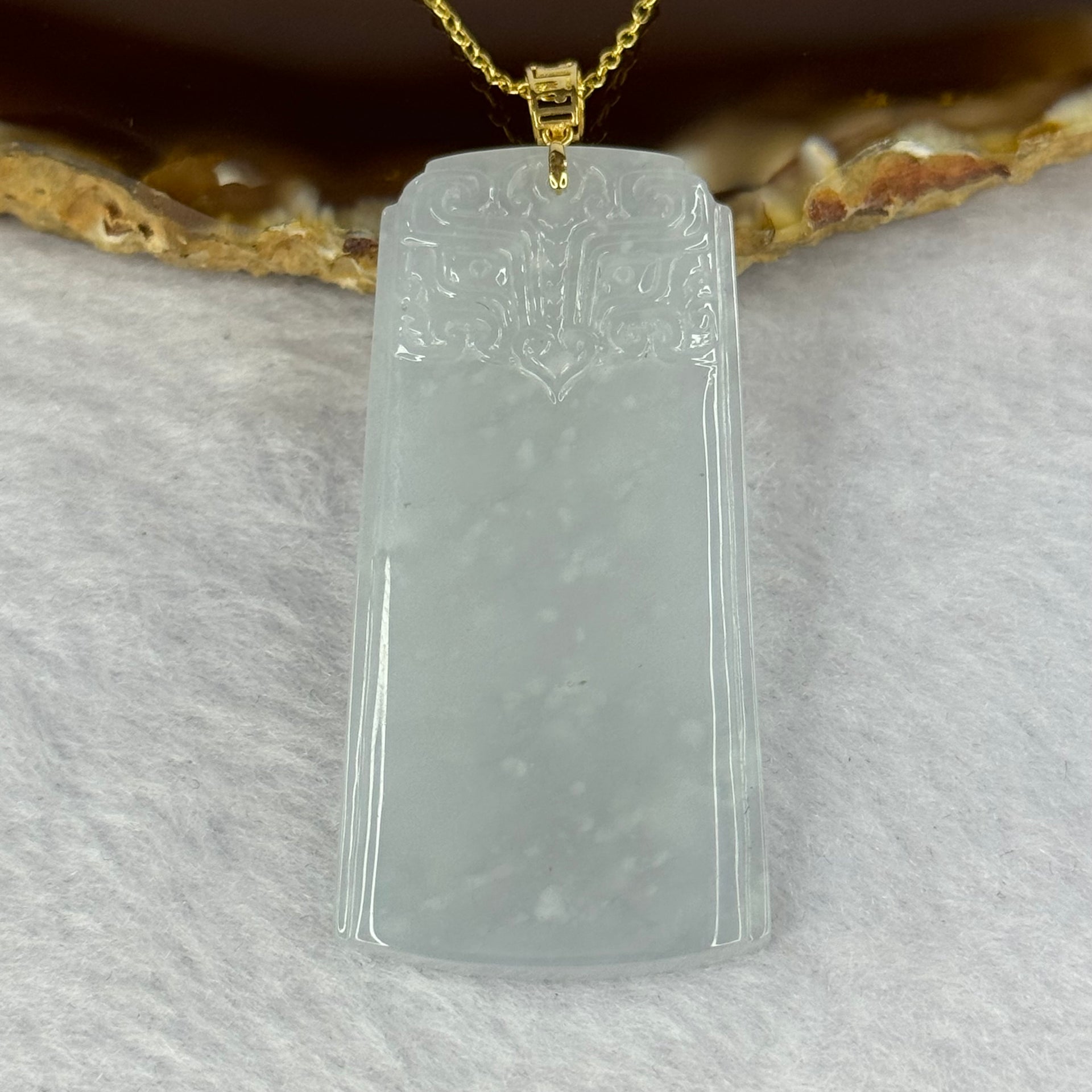 18K Yellow Gold Type A Light Green with Lavender Jadeite Ancient Beast Pendent in S925 Sliver Gold Colour Necklace 16.20g 48.3 by 24.1 by 4.6mm - Huangs Jadeite and Jewelry Pte Ltd