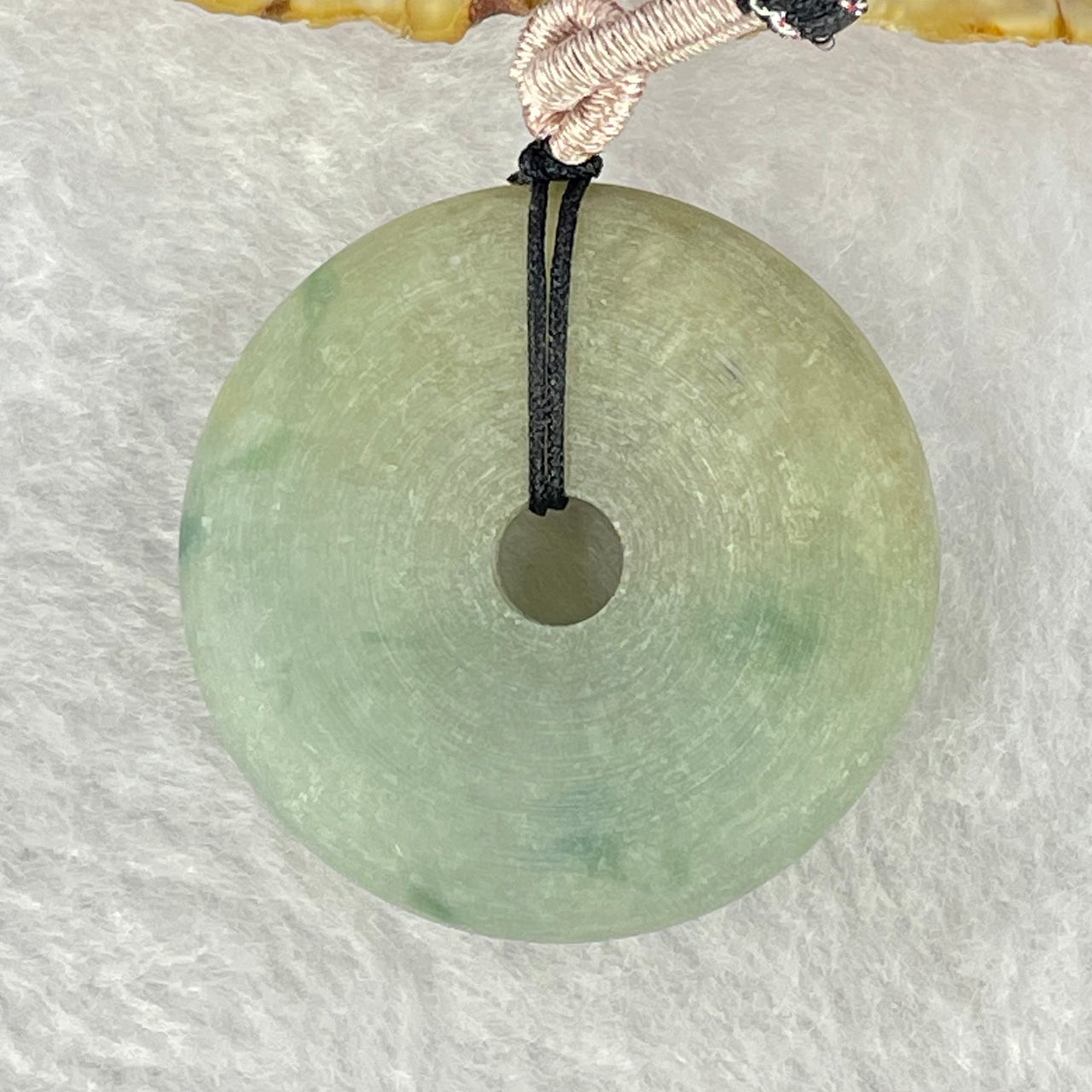 Type A Green with Blueish Green and Yellow Piao Hua Jadeite Ping An Kou Donut Pendent 27.08g 35.3 by 10.2mm