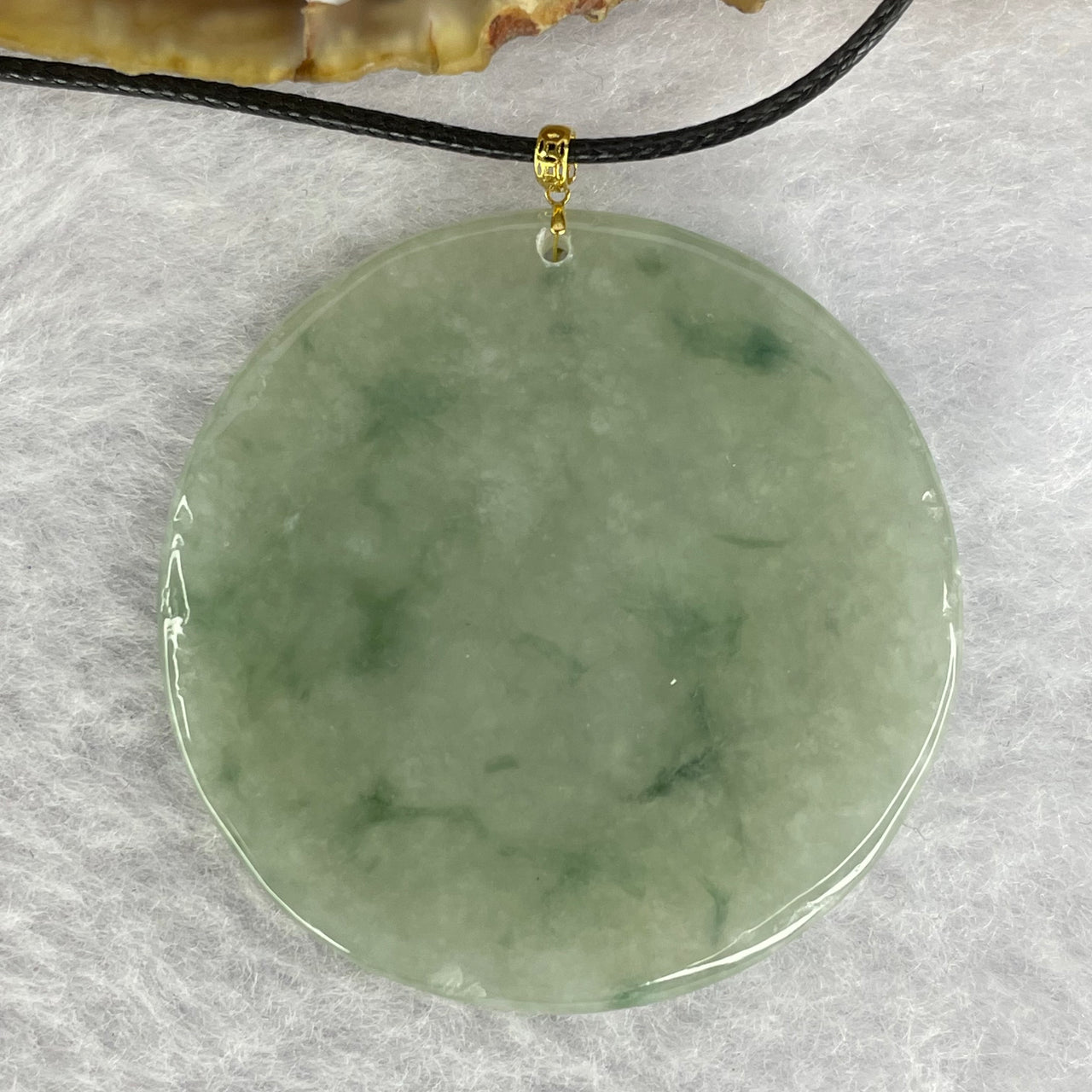 Type A Semi Icy Green Piao Hua Jadeite Wu Shi Pai in 18K Gold Pendant 12.28g by 40.6 by 2.8mm - Huangs Jadeite and Jewelry Pte Ltd