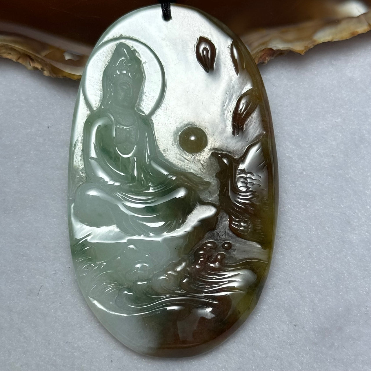 Grandmaster Certified Type A Green Lavender and Brown Jadeite Guan Yin and Phoenix Pendent 44.43g 68.7 by 41.2 by 6.3mm - Huangs Jadeite and Jewelry Pte Ltd