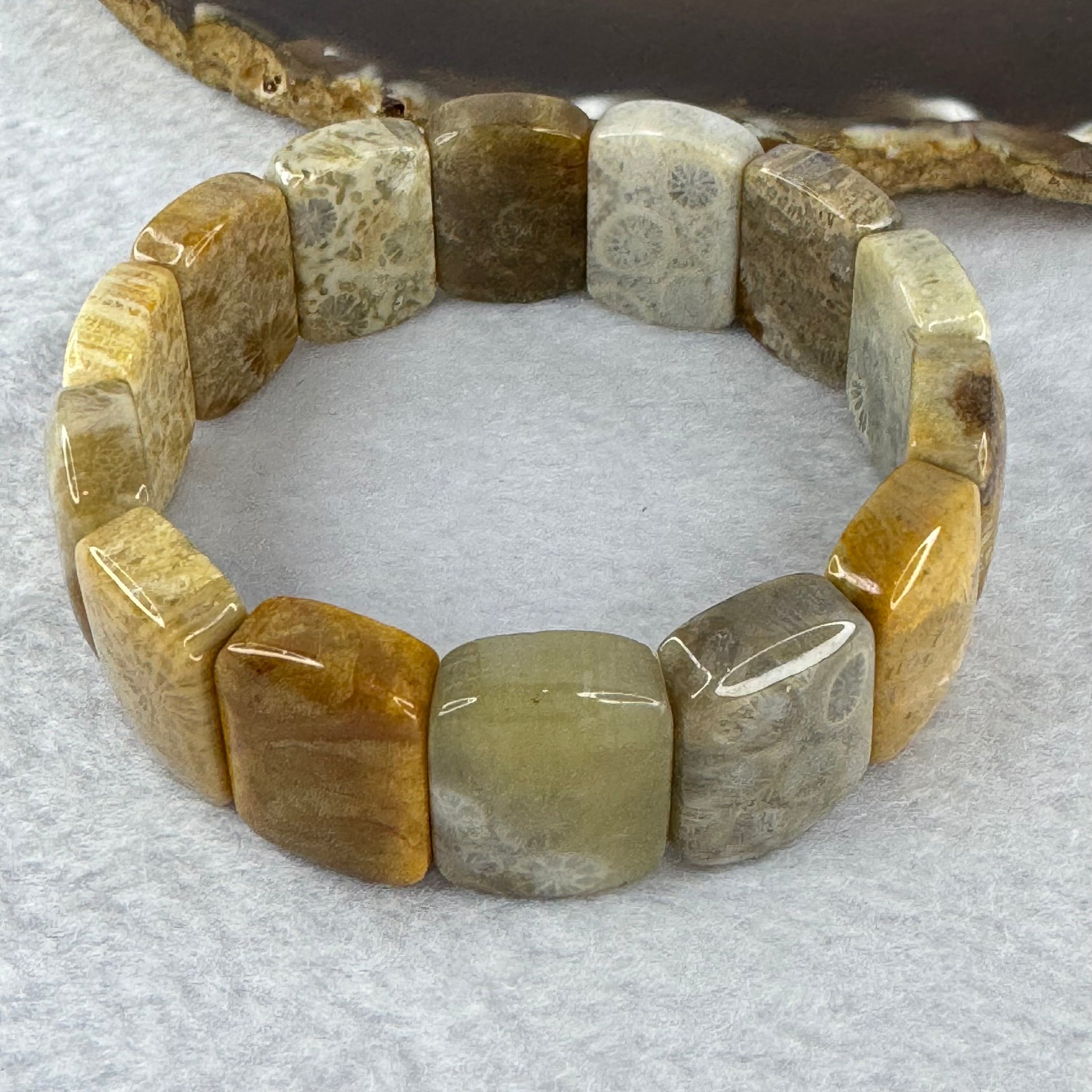 Uncommon Natural Agatized Coral Fossil Bracelet 天然玛瑙珊瑚手链 60.23g 17cm 20.2 by 14.8 by 7.3mm 14 pcs for Emotional Healing, Better Relationship, Creativity, Confidence, Calming - Huangs Jadeite and Jewelry Pte Ltd