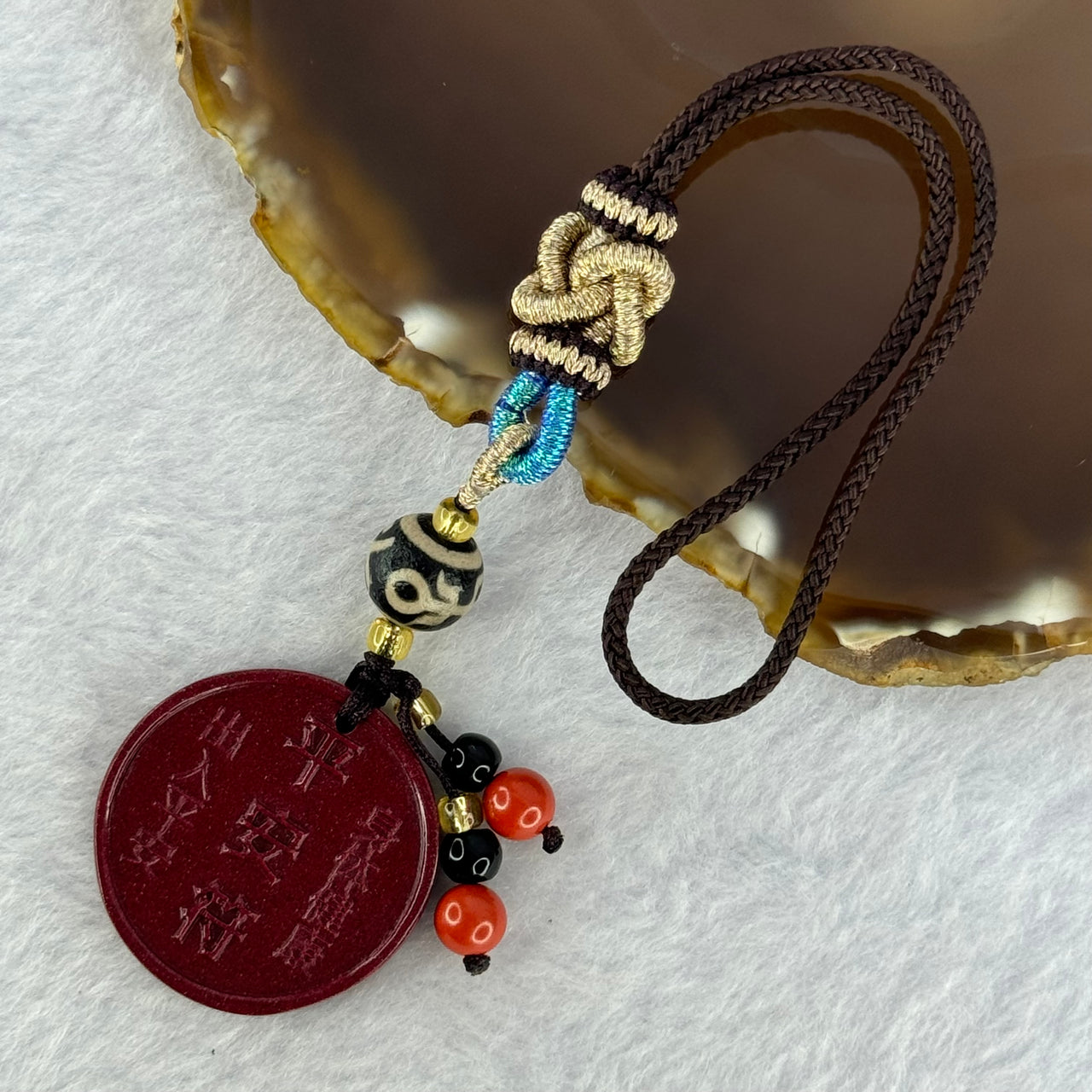 Natural Red Cinnabar Peace Charm with Tibetan Old Oily Agate Patina Guiren Tairen Human Dzi Bead Totem Amulet Heavenly Master (Tian Zhu) Charm 13.64g 29.4 by 4.8mm