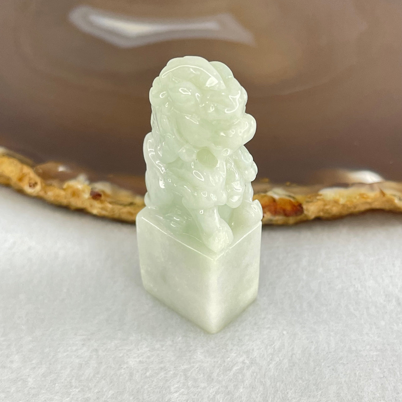 Type A Faint Blueish Green Lavender Jadeite Fu Dog Seal Display 26.58g 48.3 by 18.3 by 12.7mm