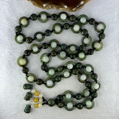 Type A Mixed Green Jadeite Beads and Ping An Kou Donut Necklace 181.53g 50cm 18.0 by 4.2mm 30pcs 10.8mm 61 Beads