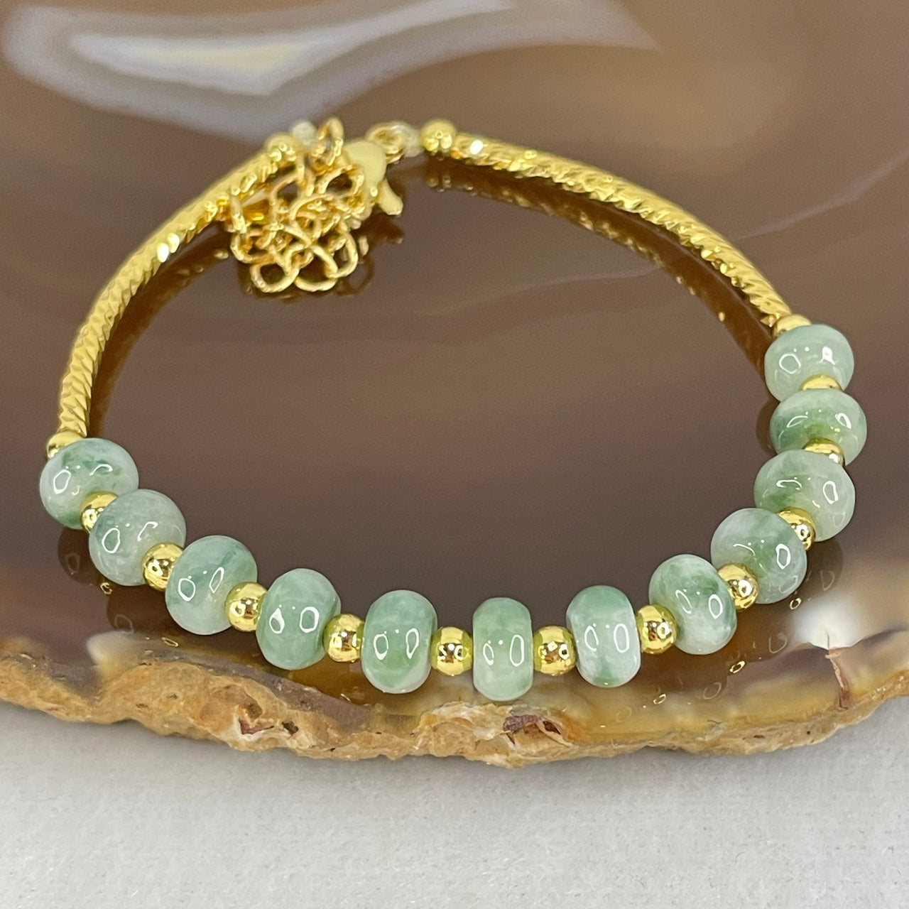 Type A Green Piao Hua Jadeite Mini Donuts with Gold Color Bracelet 5.60g 4.1 by 5.8mm 12pcs