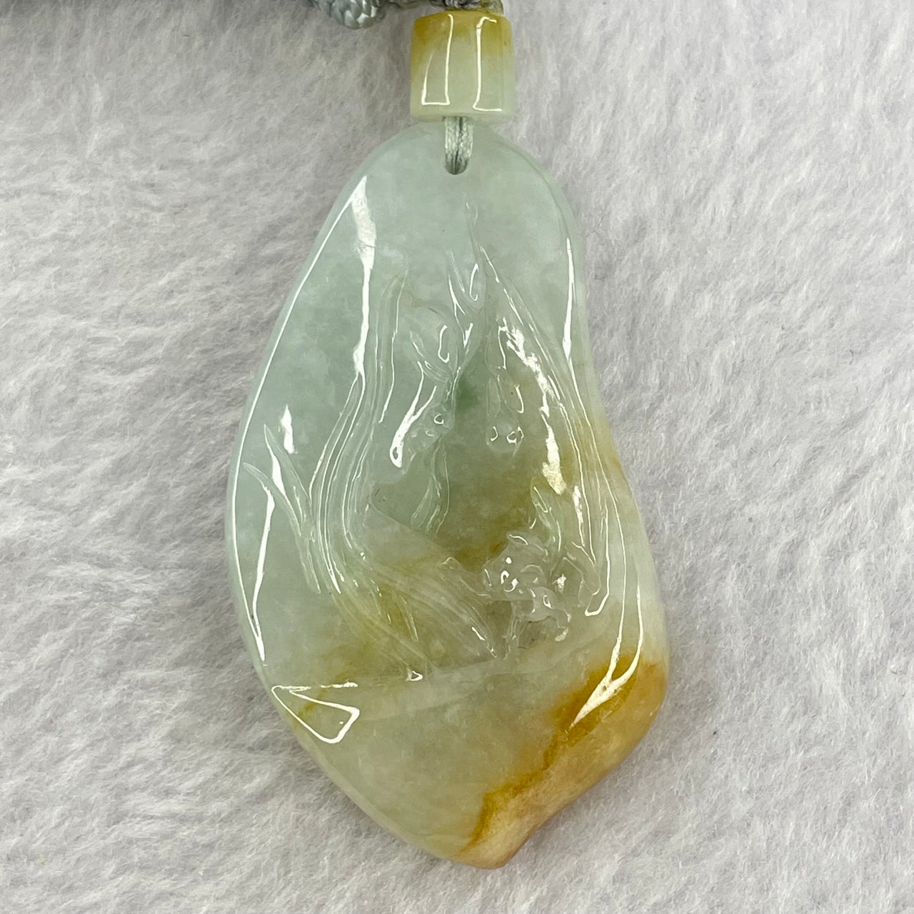 Type A Green  Yellow Lavender Jadeite Guan Yin with Lotus Flower Pendant 35.08g 52.1 by 29.4 by 10.3mm