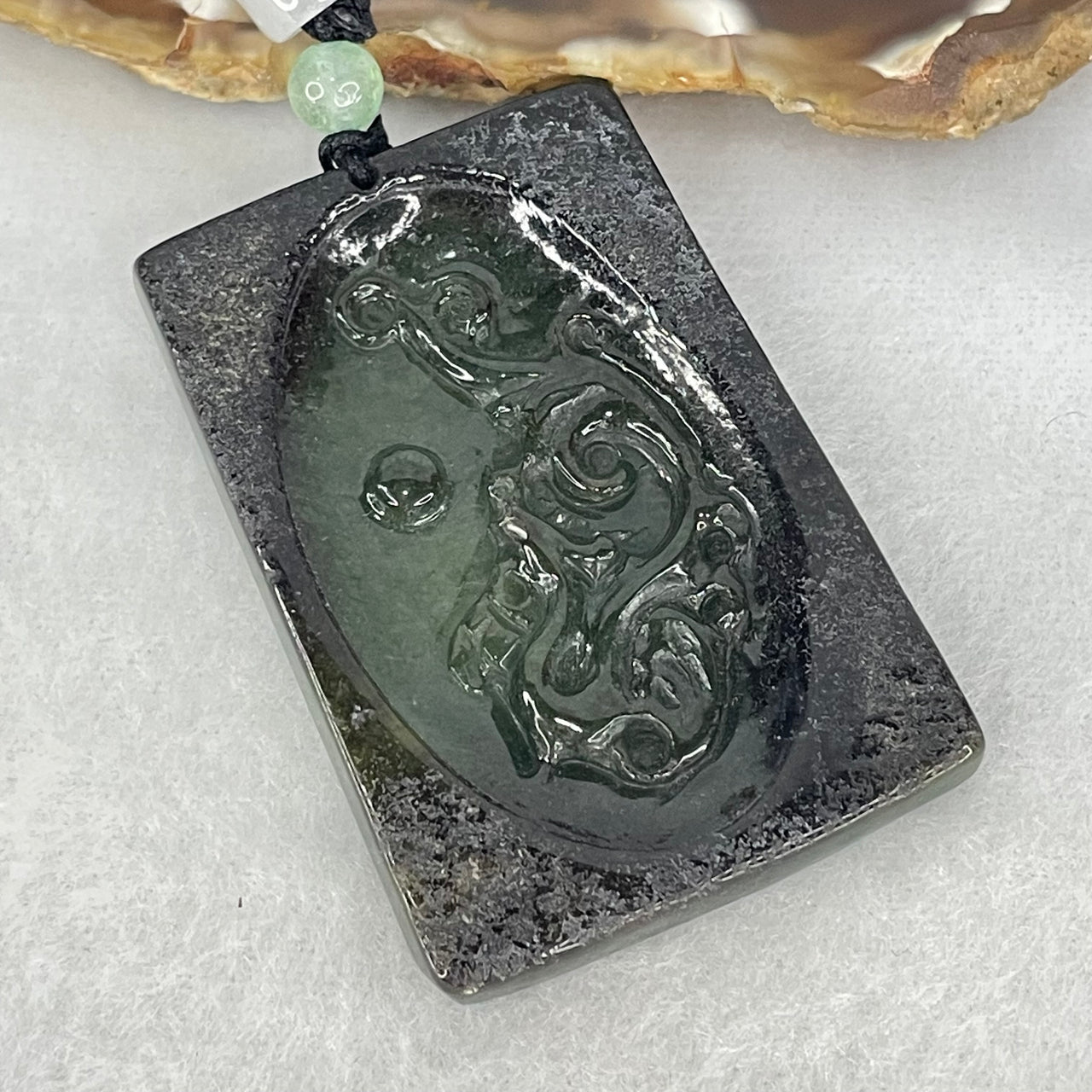 Type A Dark Blueish Green Jadeite Phoenix Pendant 27.18g 51.7 by 35.3 by 5.8mm