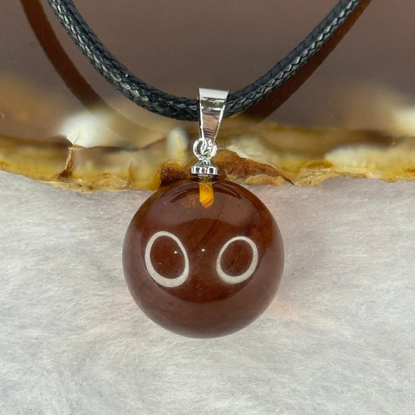 Natural Cognac with Red Amber Round Silver Pendant with String Necklace 3.44g 15.2mm