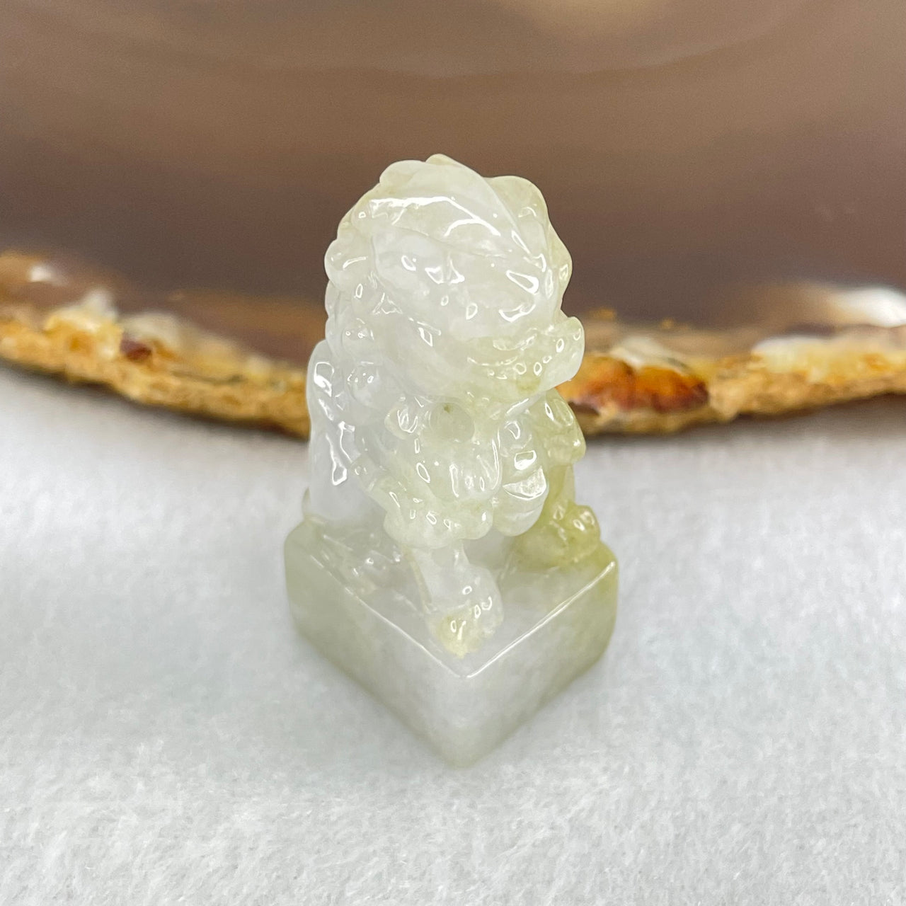 Type A Greyish Lavender and Yellowish Green Jadeite Fu Dog Seal Display 18.16g 37.1 by 16.7 by 14.5mm