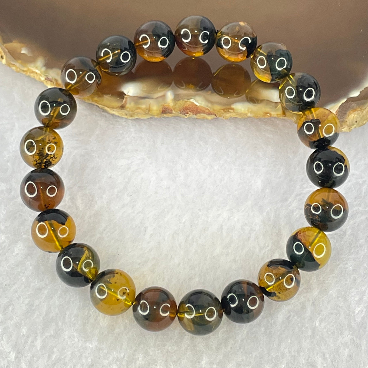 Natural Brownish Yellow Flower Medicine Amber Beads Bracelet 9.45g 16.5cm 9.4mm 21 Beads