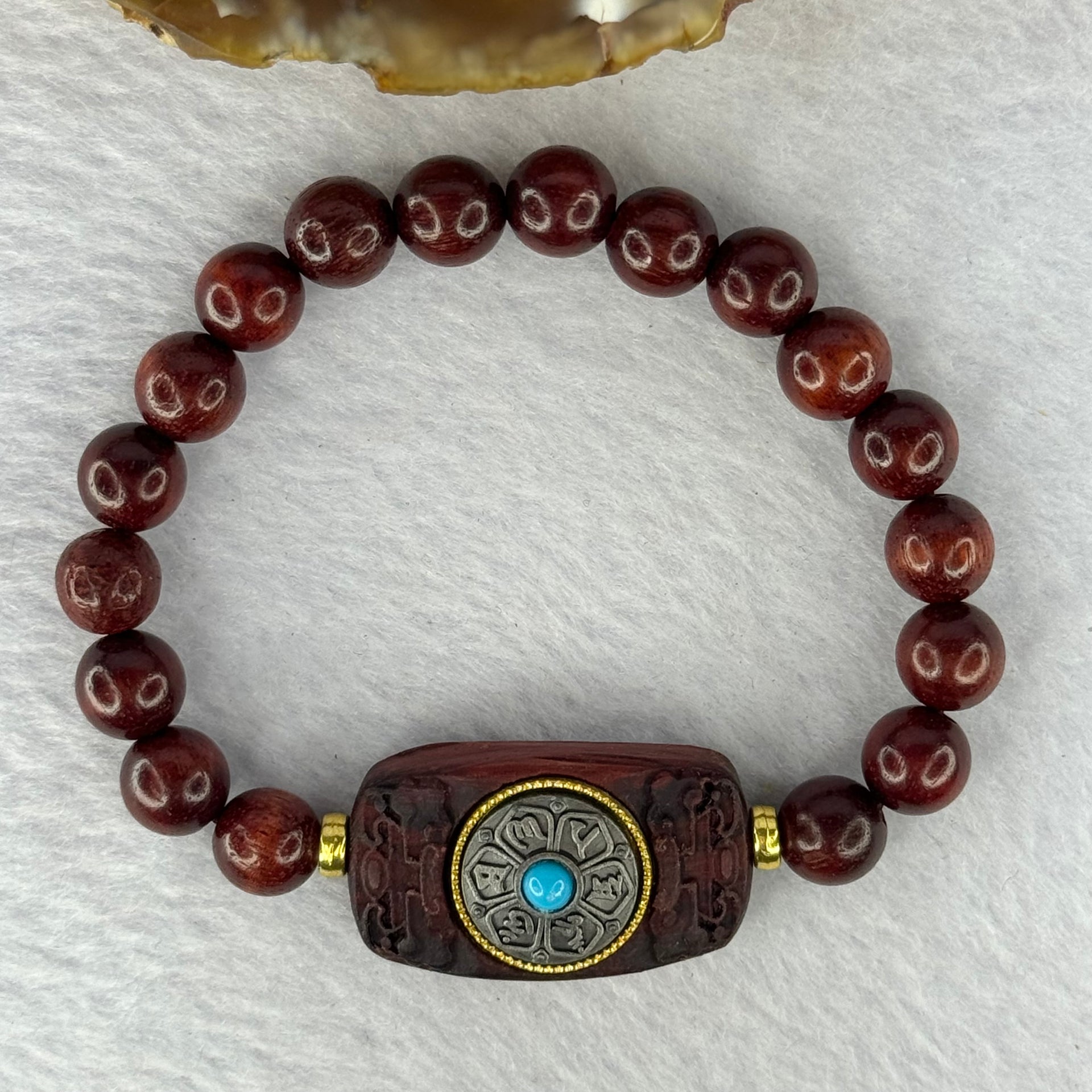 Natural Blood Zitan Beads with Rotating Turquoise Om Mani Padme Hum Powerful Mantra Bracelet 天然血檀木旋转唵嘛呢叭咪吽手链 10.58g 15cm 8.1mm 18 Beads / 30.2 by 17.2 by 7.4mm - Huangs Jadeite and Jewelry Pte Ltd