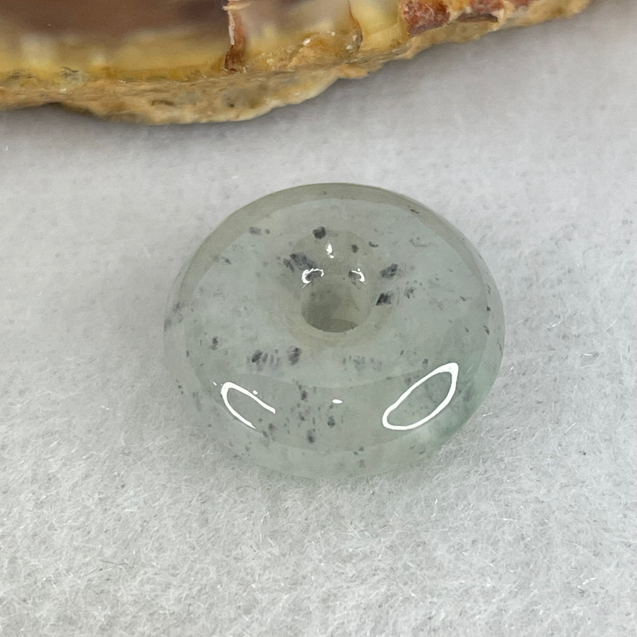 Type A Semi Icy Light Green With Wuji Grey Spots Jadeite Ping An Kou Donut Pendant 3.23g 16.1 by 6.2mm