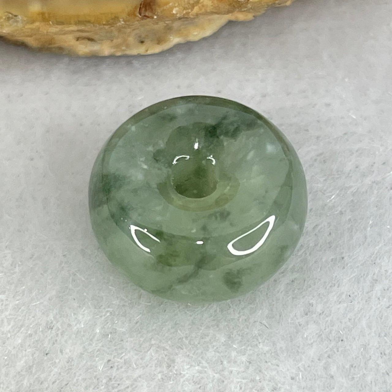 Type A Light Green Piao Hua With Wuji Grey Jadeite Ping An Kou Donut Pendant 2.22g 12.9 by 6.3mm