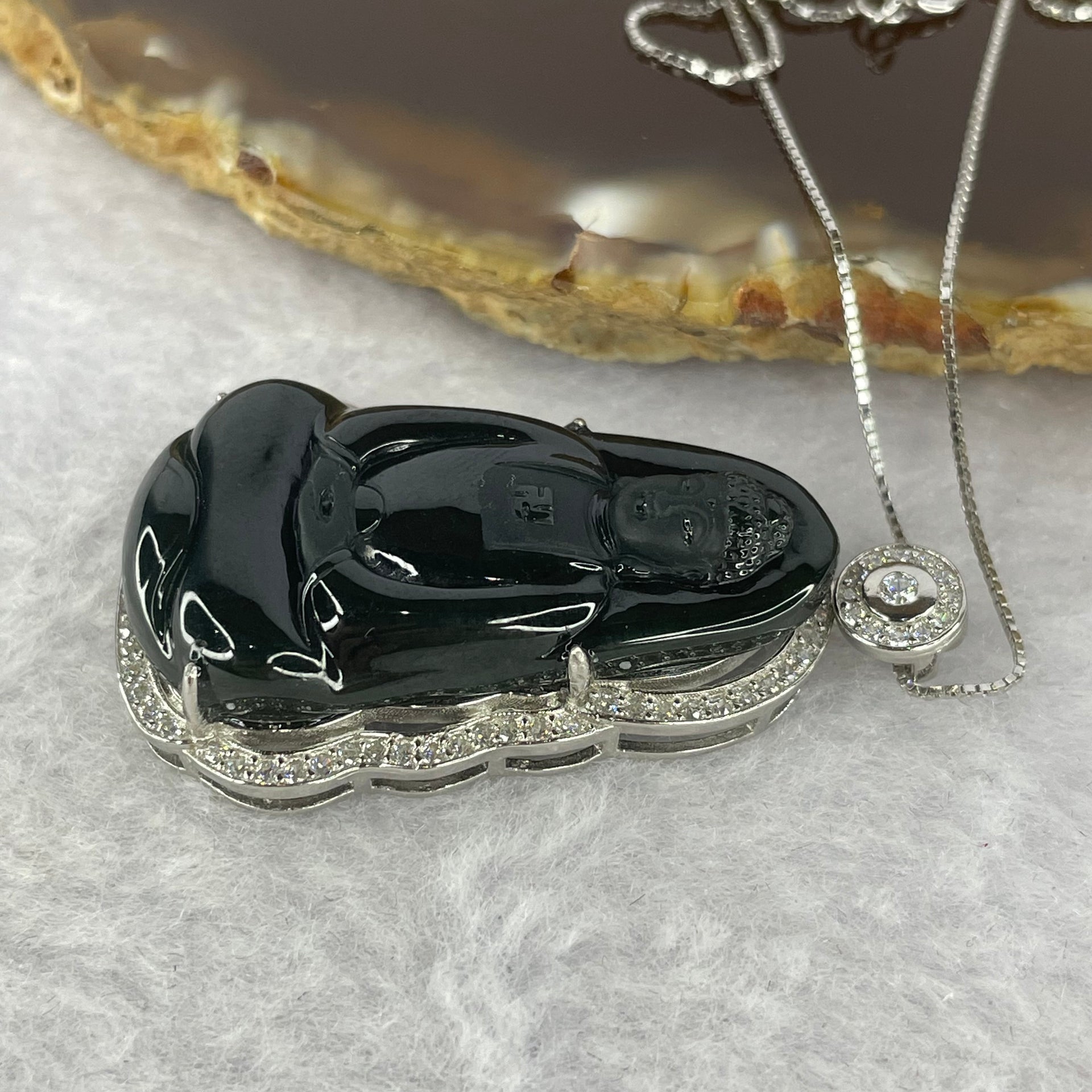 Type A Semi Translucent Very Dark Green to Black Jadeite Buddha in 925 Silver Necklace with Crystals 11.6g by 34.6 by 19.0 by 8.4mm - Huangs Jadeite and Jewelry Pte Ltd