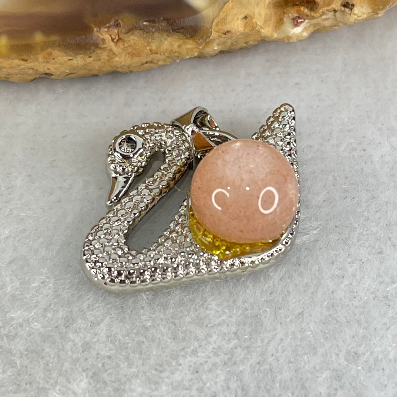 Natural Sunstone Bead with Crystals in S925 Sliver Swan Charm 3.27g 7.7mm