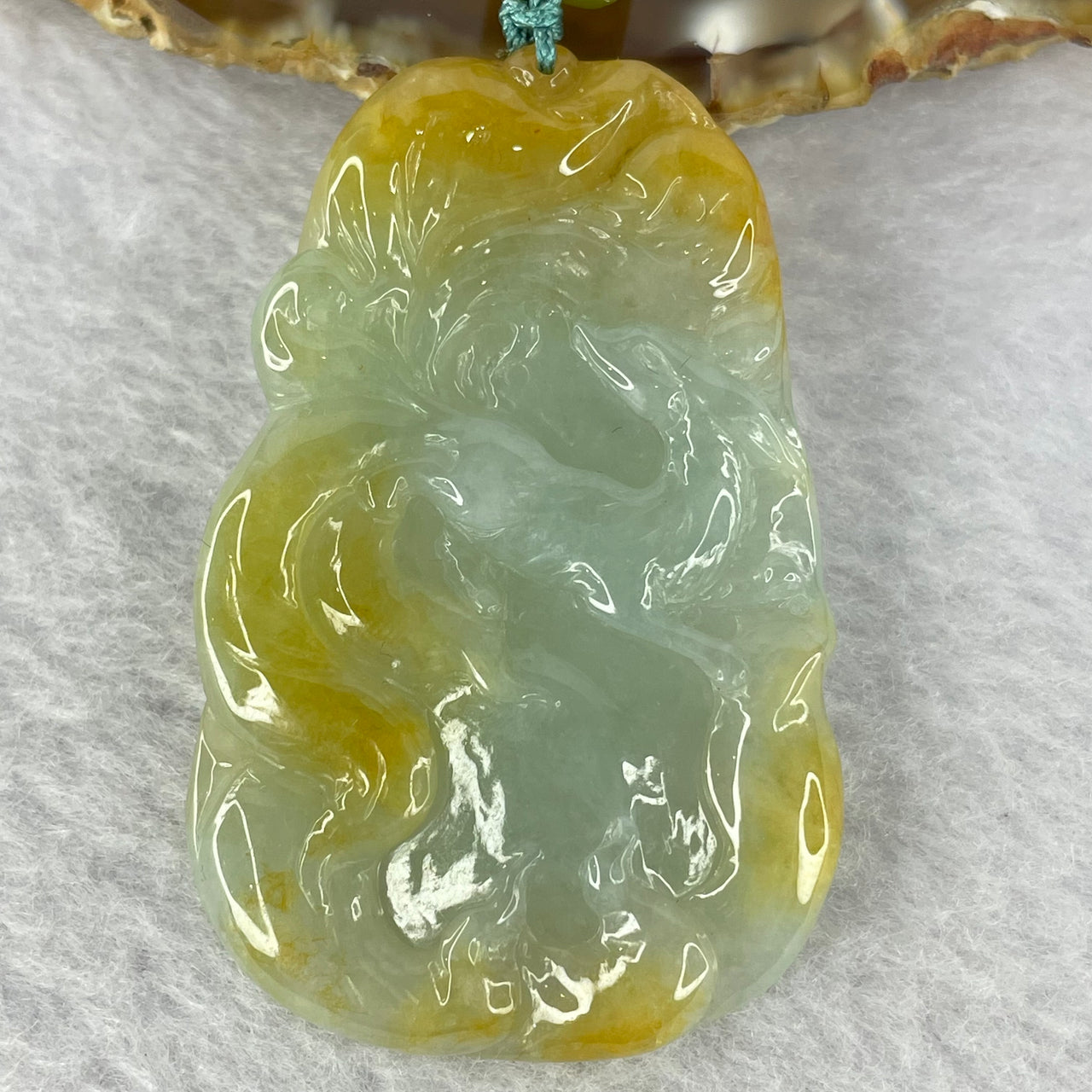 Type A Sky Blue with Yellow Patches Jadeite 9 Tail Fox for Attraction new love or partner and to prevent third party 25.62g 51.8 by 33.8 by 6.0mm - Huangs Jadeite and Jewelry Pte Ltd