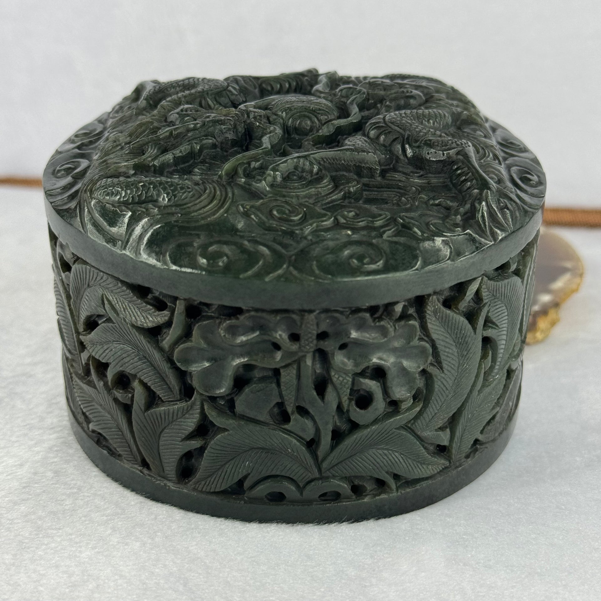 Antique Dark Green Nephrite Double Dragons in Clouds with Flowers and Leaves Seal 1,625.5g 108.2 by 107.6 by 71.6mm - Huangs Jadeite and Jewelry Pte Ltd