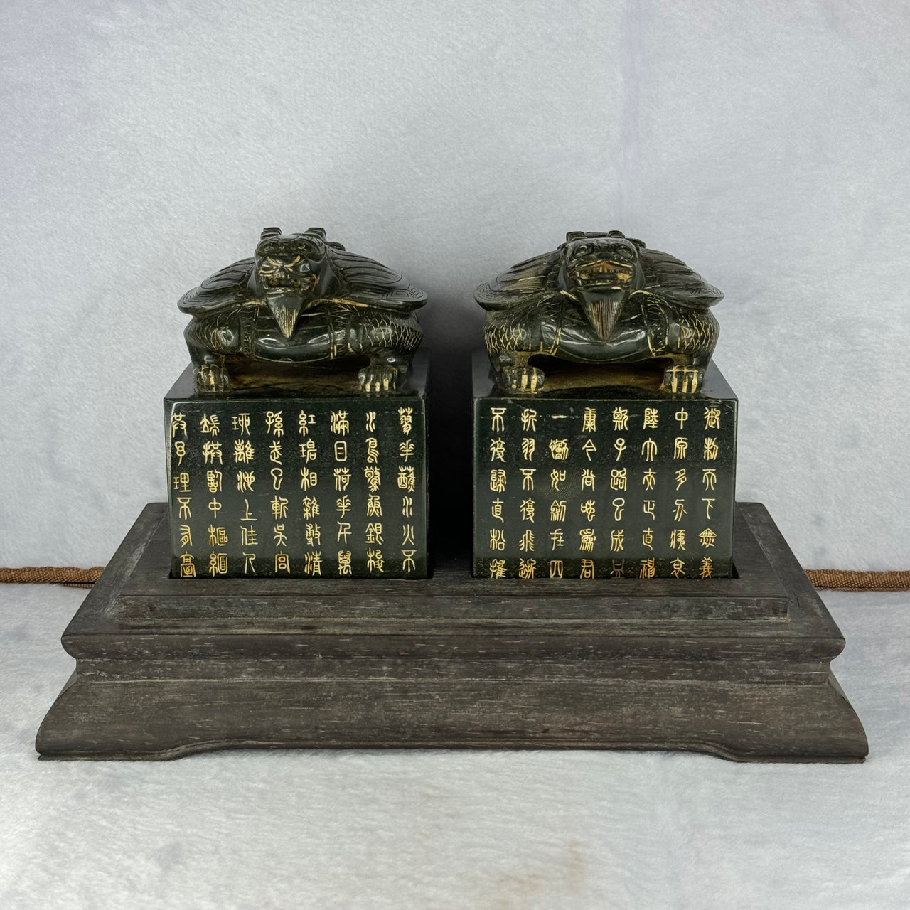 Rare Antique Natural Nephrite Dual Dragon Turtle Seal Set in Zitan Dragon Carvings Box Total Weight 4,853.2g 205.5 by 190.0 by 140.0mm each seal about 1,719.5g 84.7 by 82.3 by 113.1mm - Huangs Jadeite and Jewelry Pte Ltd