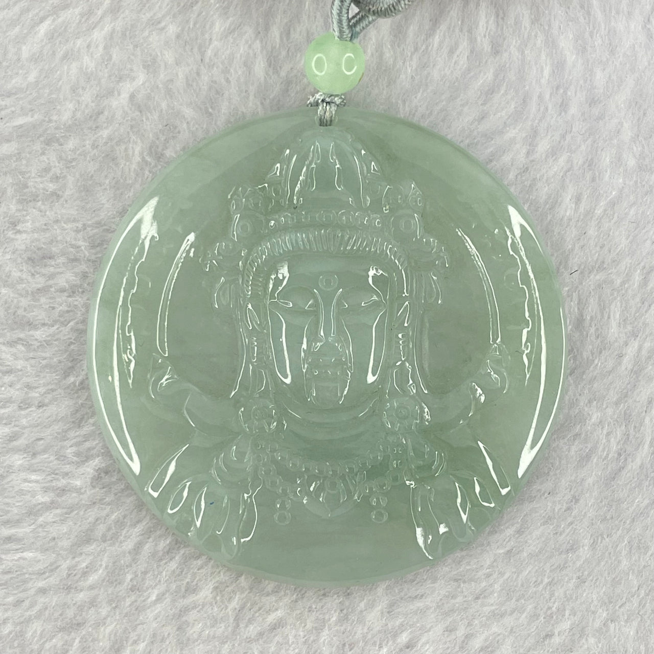 Type A Semi Icy Light Blueish Green Jadeite Guan Yin Pendent 24.52g 50.8 by 5.0mm