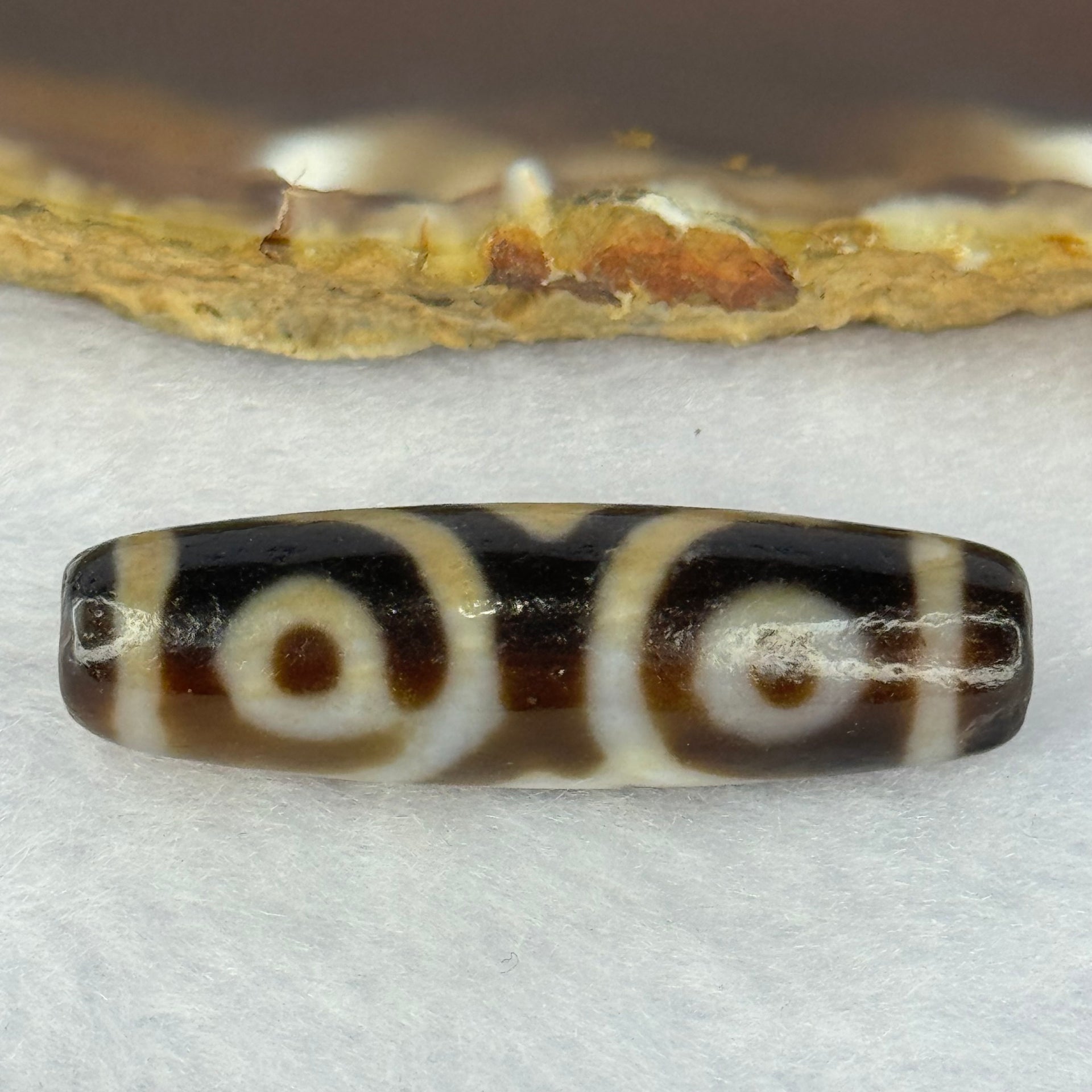 Natural Powerful Tibetan Old Oily Agate 3 Eyes Dzi Bead Heavenly Master (Tian Zhu) 三眼天诛 7.62g 38.3 by 11.3mm - Huangs Jadeite and Jewelry Pte Ltd