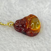 Natural Cognac Amber Milo Buddha in 18K Yellow Gold with S925 Sliver Gold Color Necklace 1.85g 18.2 by 16.8 by 5.5mm