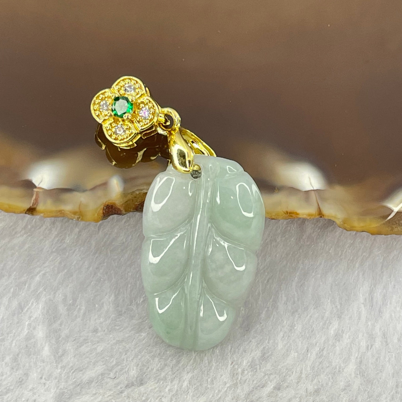 Type A Light Blueish Green Jadeite Leaf 25.8 by 15.2 by 5.0mm Pendent with Gold Color Clasps 4.81g