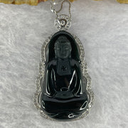 Type A Semi Translucent Very Dark Green to Black Jadeite Buddha in 925 Silver Necklace with Crystals 11.6g by 34.6 by 19.0 by 8.4mm - Huangs Jadeite and Jewelry Pte Ltd