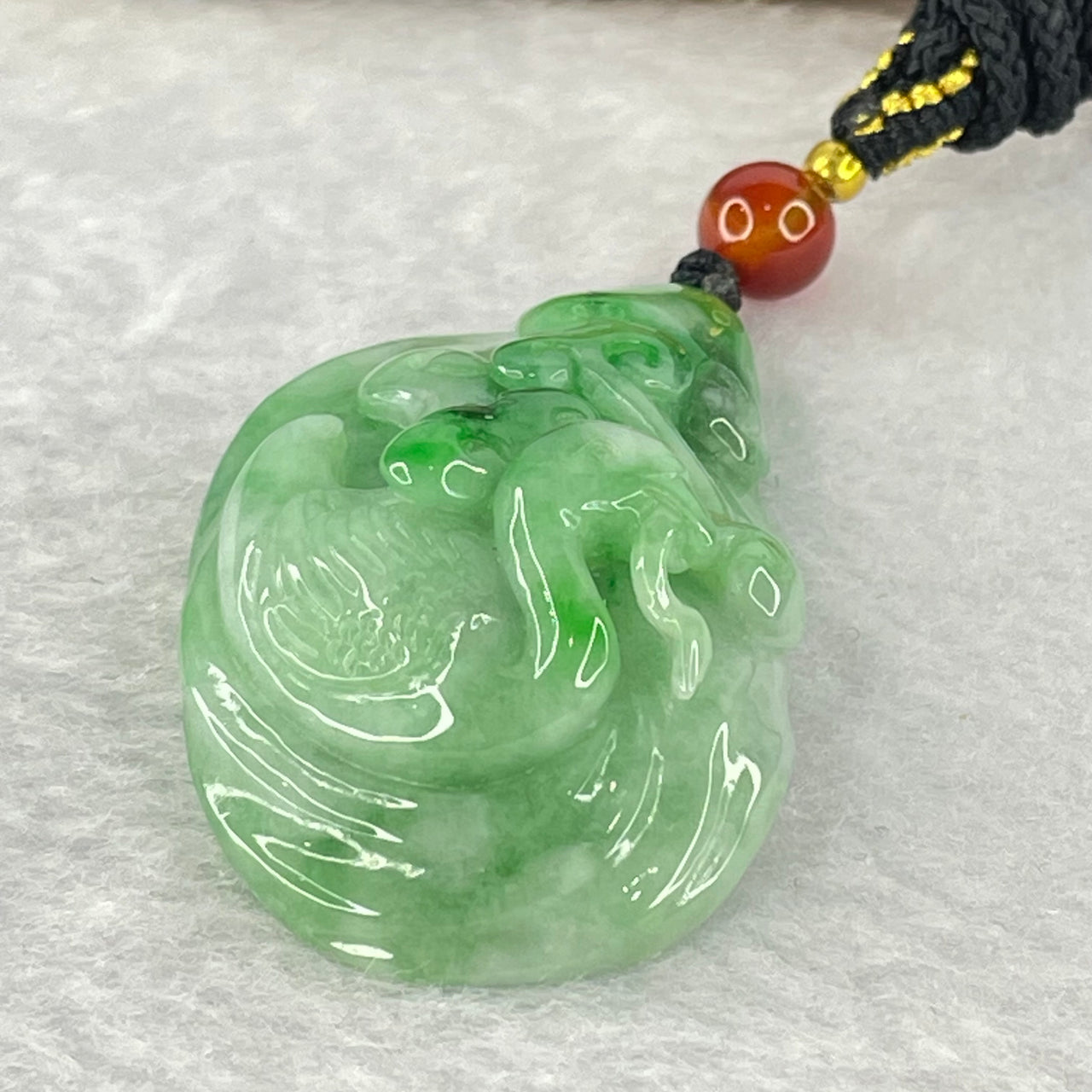 Type A Light Green with Spicy Green Piao Hua Jadeite Mandarin Duck Ruyi Pendent 20.10g 42.1 by 24.7 by 12.6mm