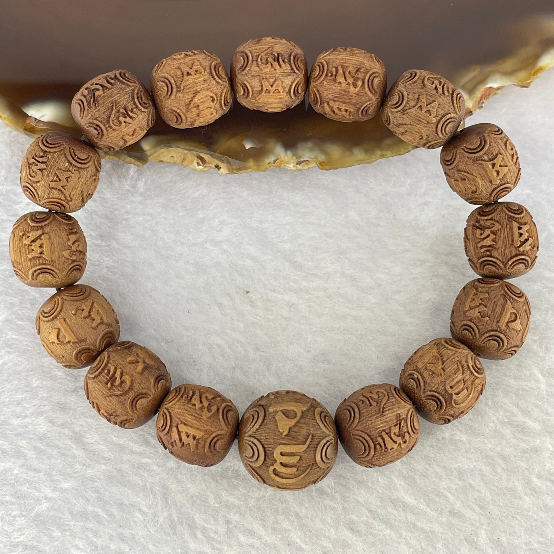 Natural Wild Australian Sandalwood 檀香 Om Mani Padme Hum Beads Bracelet 16.59g 11.9mm 15 Beads / 14.6mm 1 Bead - Huangs Jadeite and Jewelry Pte Ltd