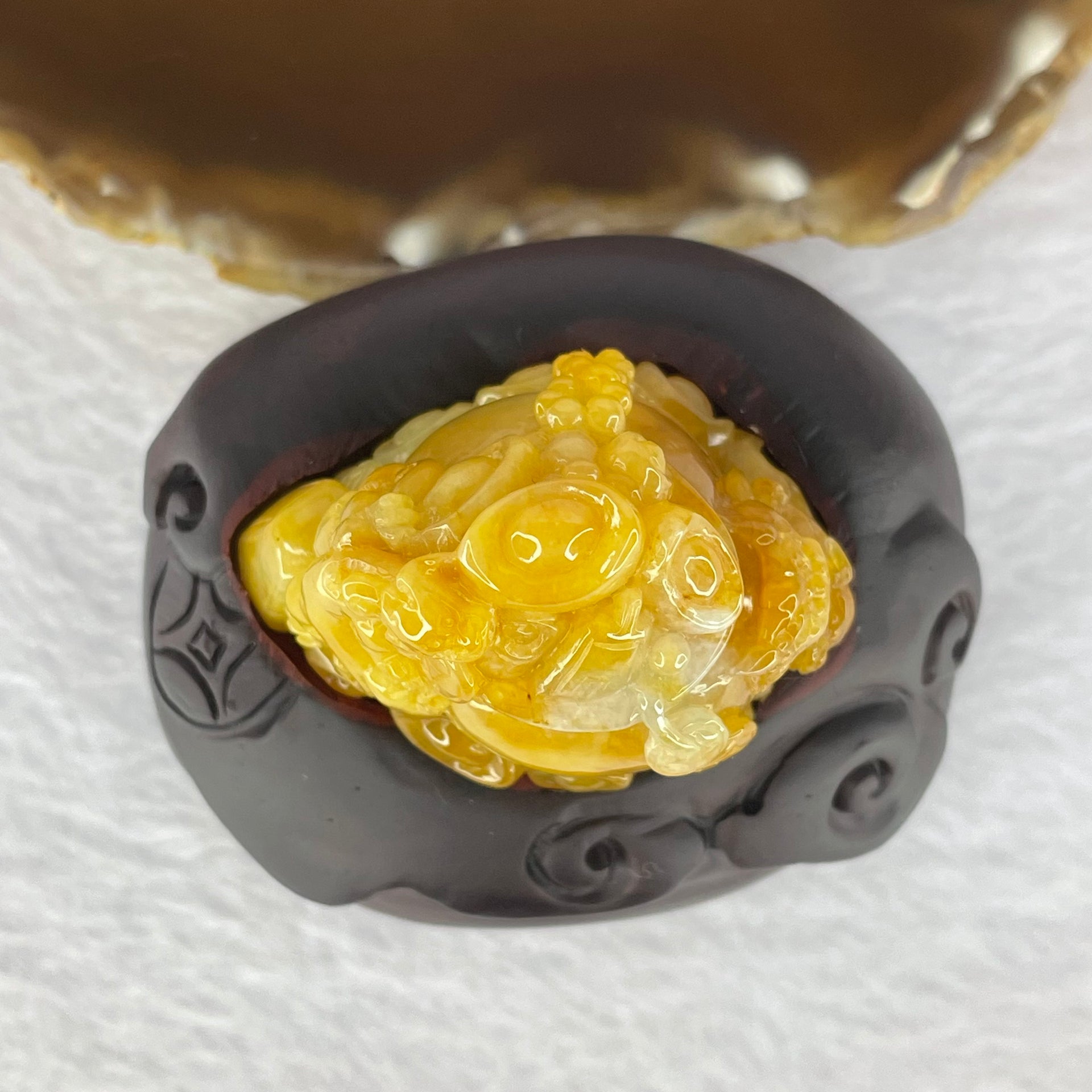 Rare Grand Master Type A Yellow Jadeite Money Pot with Pixiu Tiger 3 Legged Toad and Treasures 62.25g 47.3 by 33.4 by 33.0mm with Wooden Stand - Huangs Jadeite and Jewelry Pte Ltd