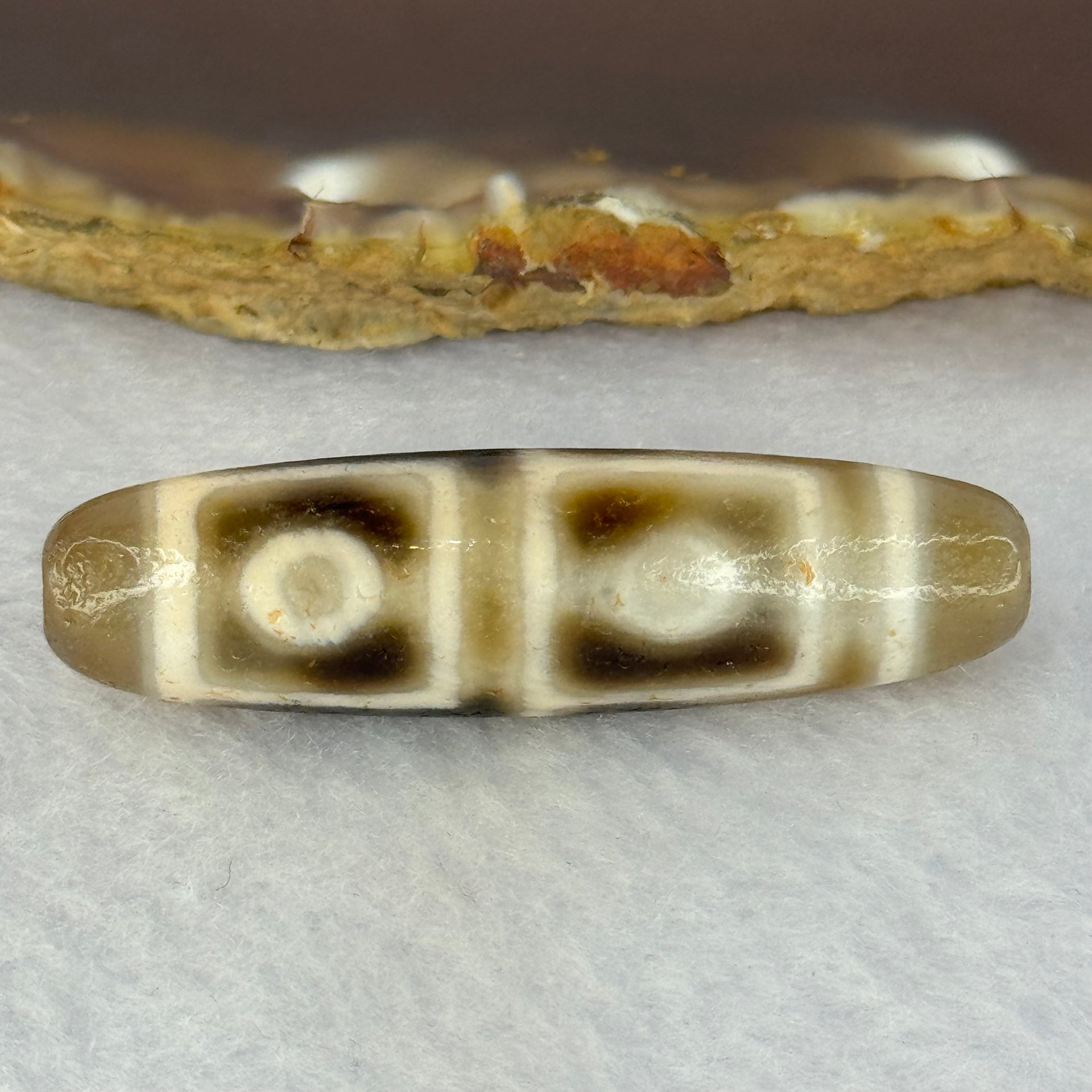 Natural Powerful Tibetan Old Oily Agate 4 Eyes Dzi Bead Heavenly Master (Tian Zhu) 四眼天诛 11.71g 47.1 by 12.9mm - Huangs Jadeite and Jewelry Pte Ltd