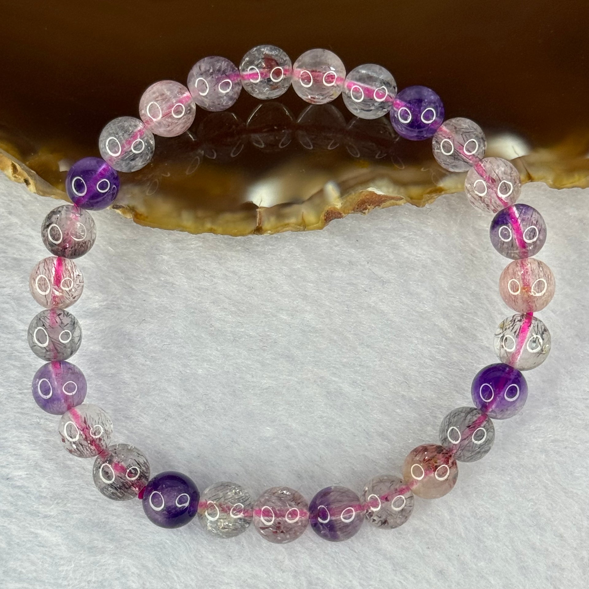 Above Average Grade Natural Super 7 Crystal Beads Bracelet 天然超级七水晶珠手链 13.26g 15.5cm 7.3mm 27 Beads - Huangs Jadeite and Jewelry Pte Ltd