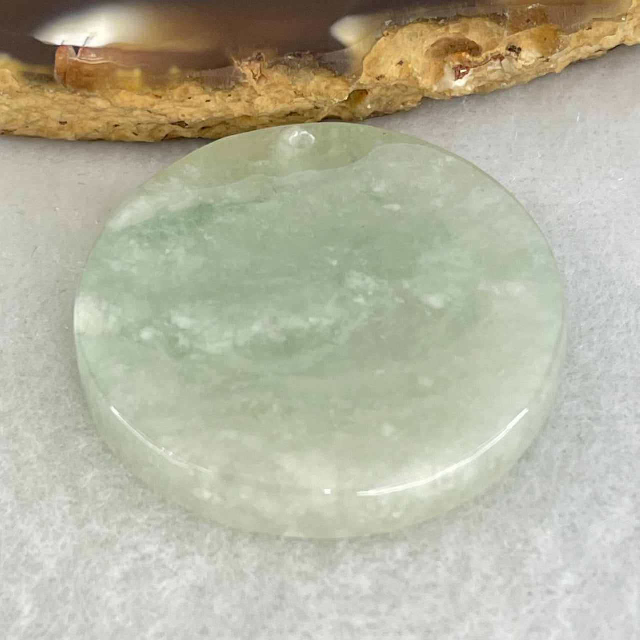 Type A Semi Icy Faint Green Lavender Jadeite Round Wu Shi Pai Pendant 13.51g 31.2 by 5.3mm