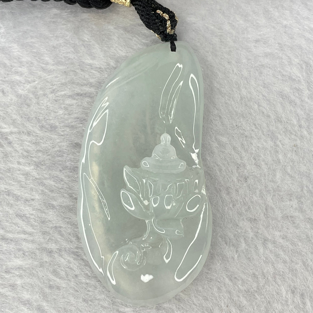 Type A Semi Icy Light Green Jadeite Benefactor on Lotus Flower Pendent 16.22g 52.1 by 26.5 by 7.9mm