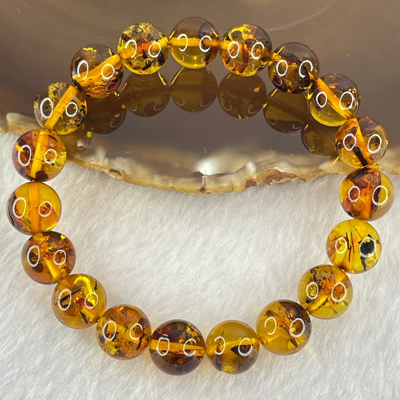 Natural Brownish Yellow Flower Amber Beads Bracelet 12.85g 17.5cm 10.8mm 19 Beads