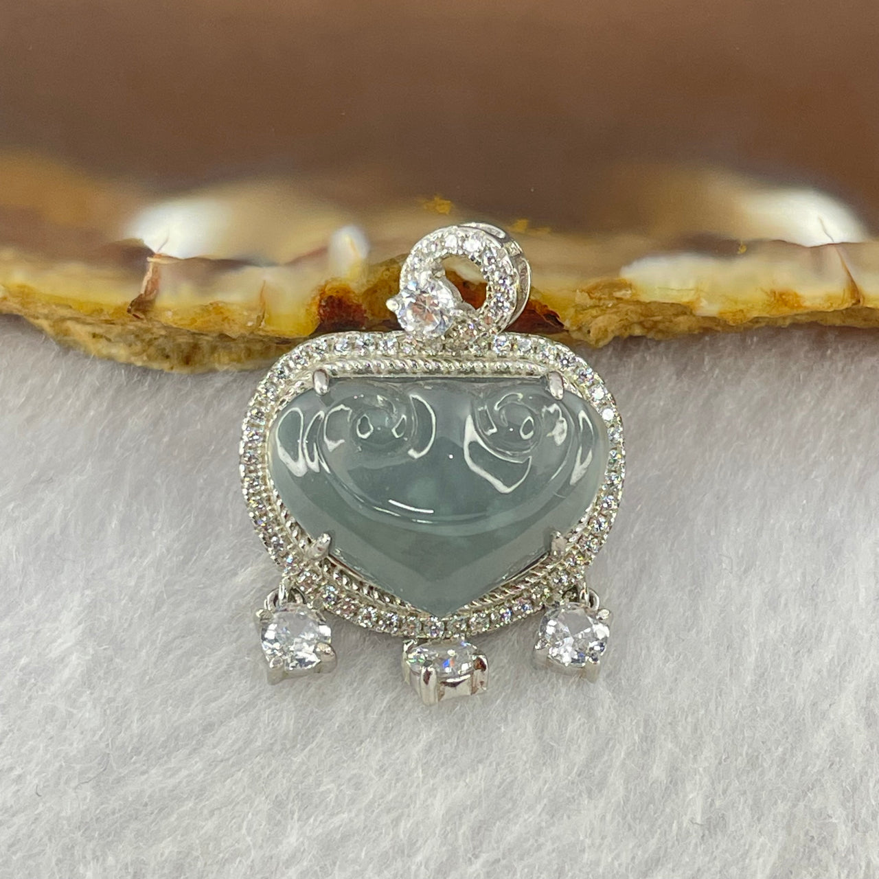 Type A Icy Blueish Green Jadeite Ruyi Pendent with Crystals in S925 Sliver Setting 4.50g 12.2 by 16.6 by 4.5mm