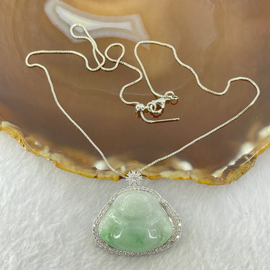 Type A Faint Green and Lavender Jadeite Milo Buddha 23.1 by 27.5 by 6.0mm with Crystals in S925 Sliver Necklace 12.72g