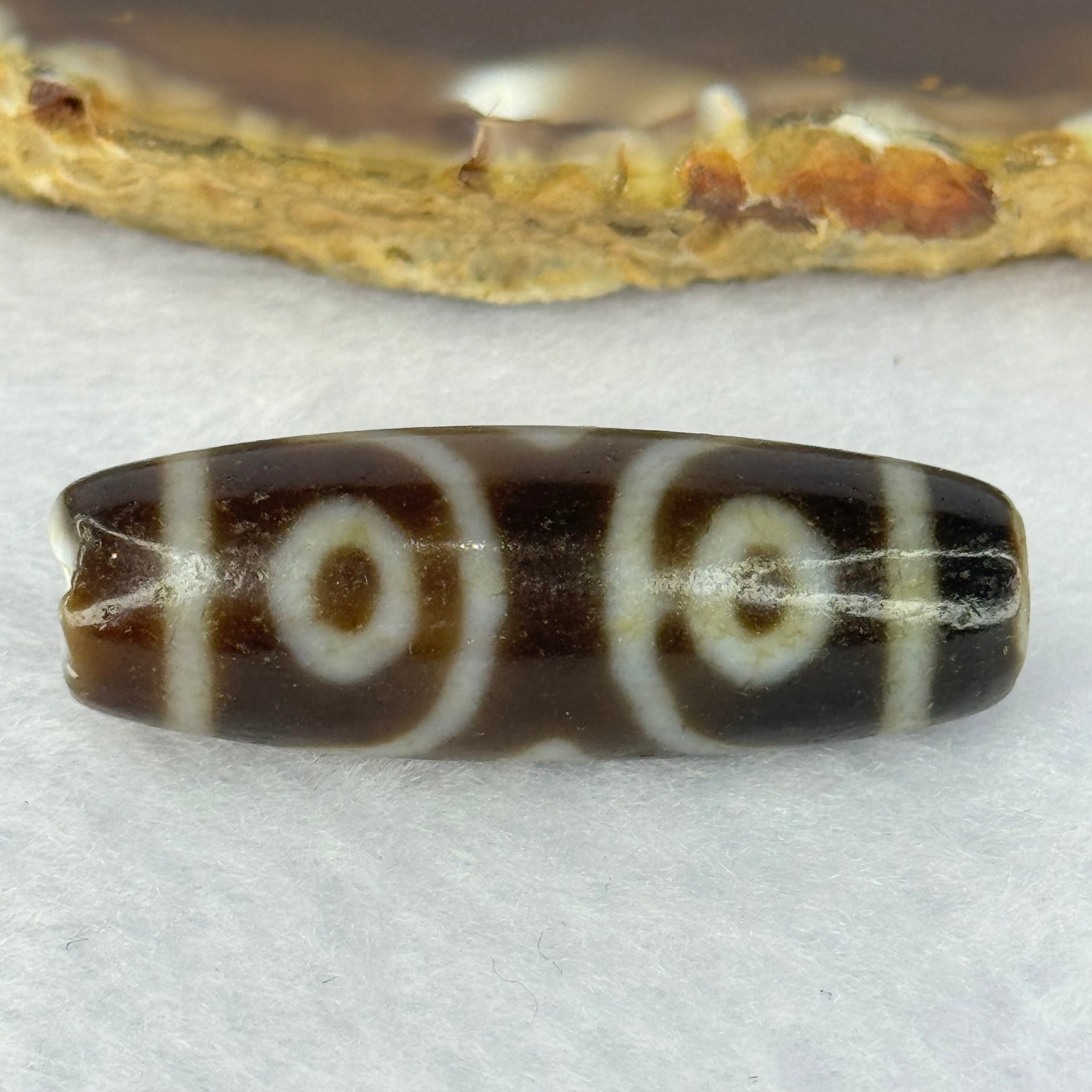 Natural Powerful Tibetan Old Oily Agate 3 Eyes Dzi Bead Heavenly Master (Tian Zhu) 三眼天诛 9.55g 36.9 by 12.9mm - Huangs Jadeite and Jewelry Pte Ltd