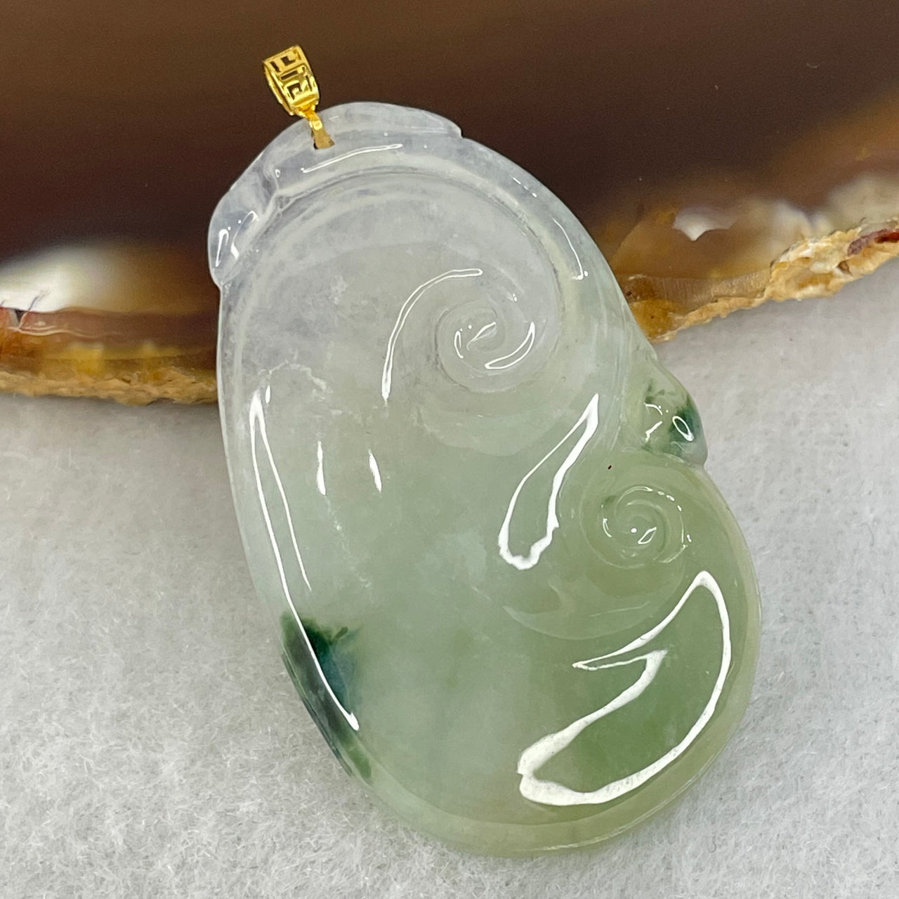 Type A Semi Icy Light Green with Moss Green Piao Hua Jadeite Ruyi 18K Yellow Gold Pendant 6.90g 38.6 by 23.4 by 4.1mm