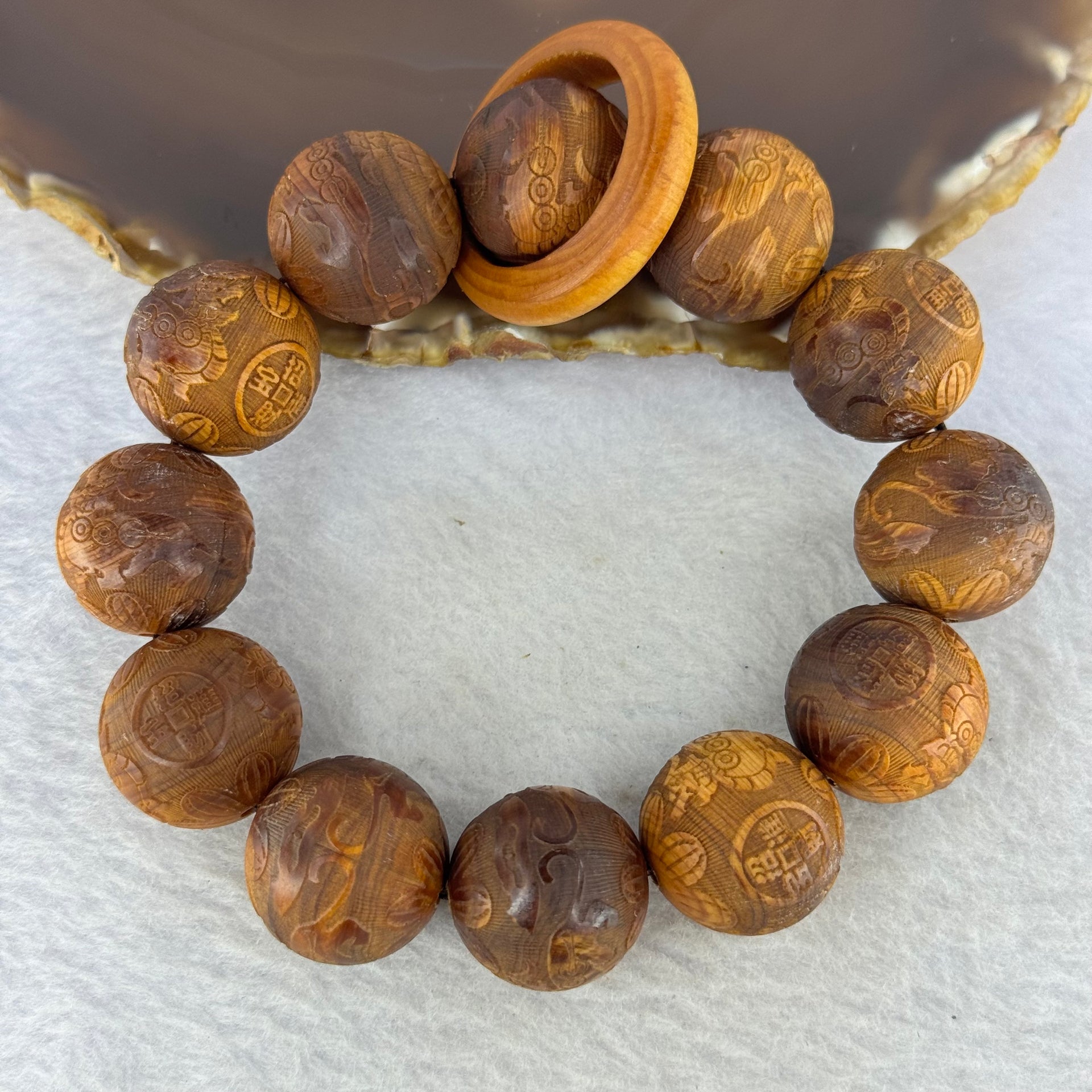 Natural Yabai Wood Pixiu Pair with Prosperity Coin Beads Bracelet for Wealth and Protection 天然崖柏木貔貅手链 58.50g 20.5 mm 12 Beads / Ring 8.2 by 6.5 mm - Huangs Jadeite and Jewelry Pte Ltd