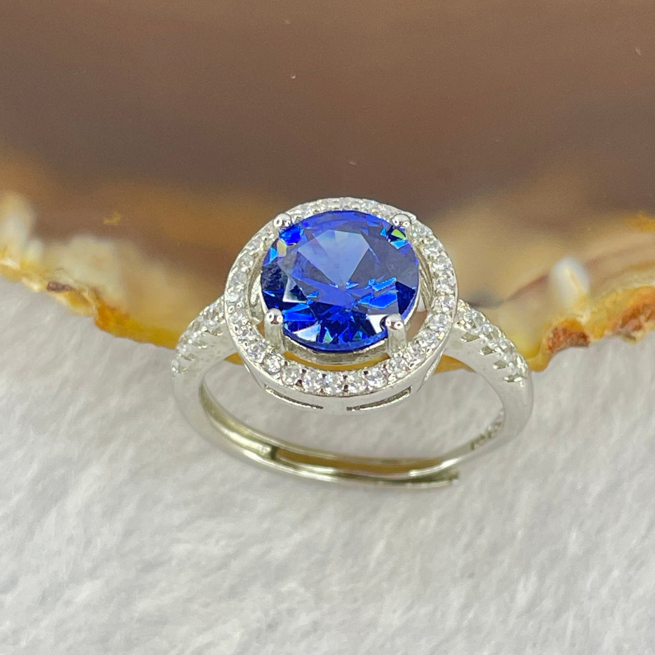 Blue Cubic Zirconia with Crystals in PT950 Plated Sliver Ring (Adjustable Size) 2.28g 7.8 by 4.8mm