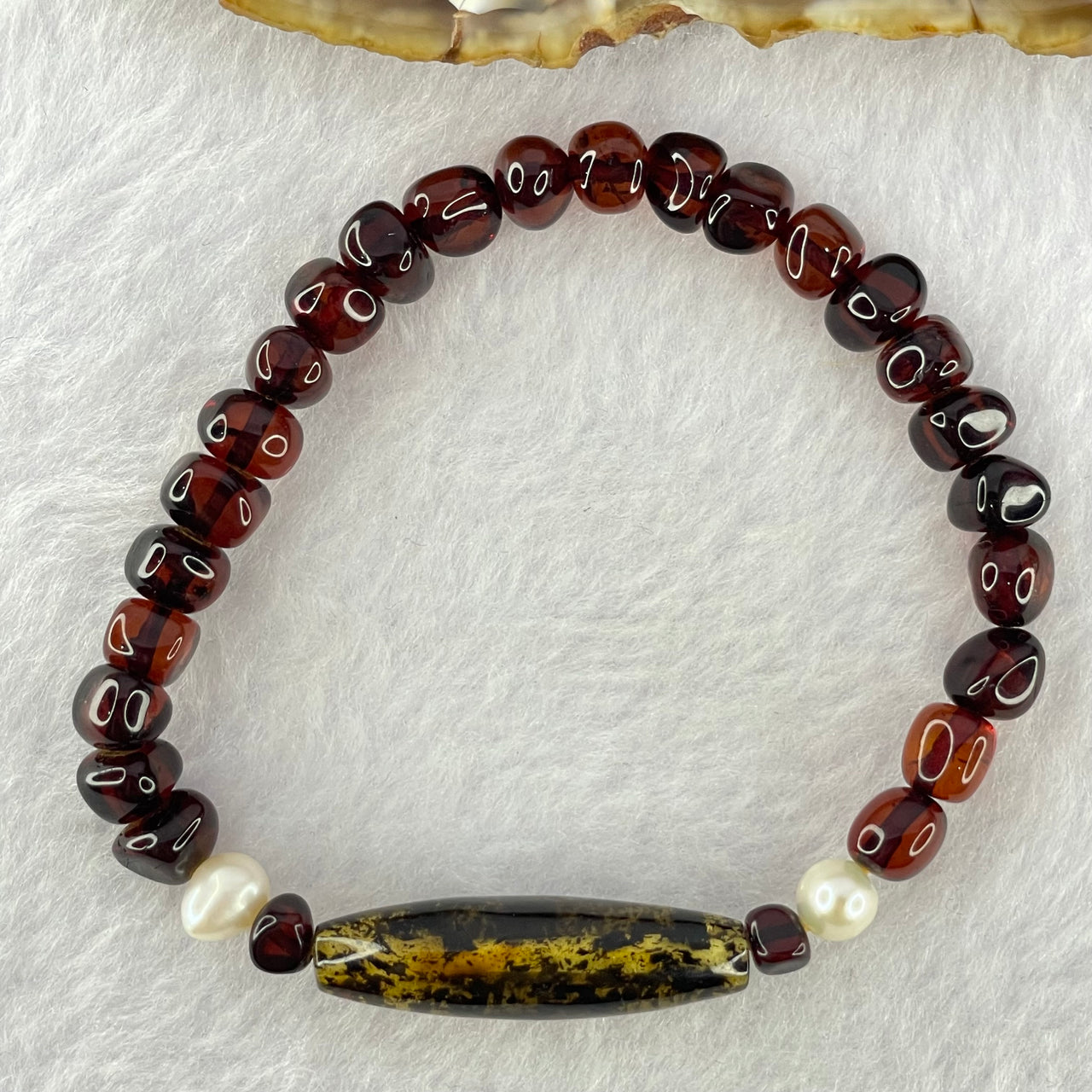 Natural Spirit Grass Amber Beads Bracelet 天然灵草珀手链 5.74g 15cm 30.0 by 8.5 by 1 Bead 7.4 mm 24 Beads