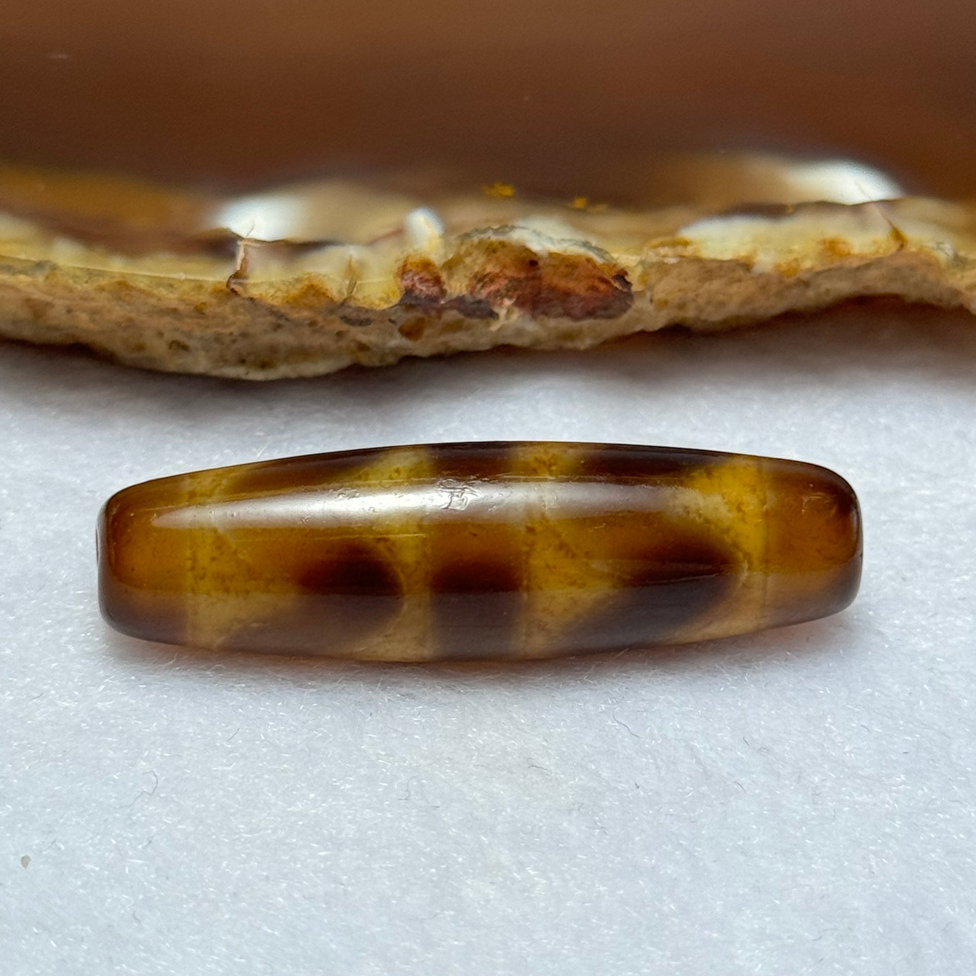 Natural Powerful Tibetan Old Oily Agate Double Tiger Tooth Daluo Dzi Bead Heavenly Master (Tian Zhu) 虎呀天诛 7.30g 39.2 by 11.3mm - Huangs Jadeite and Jewelry Pte Ltd